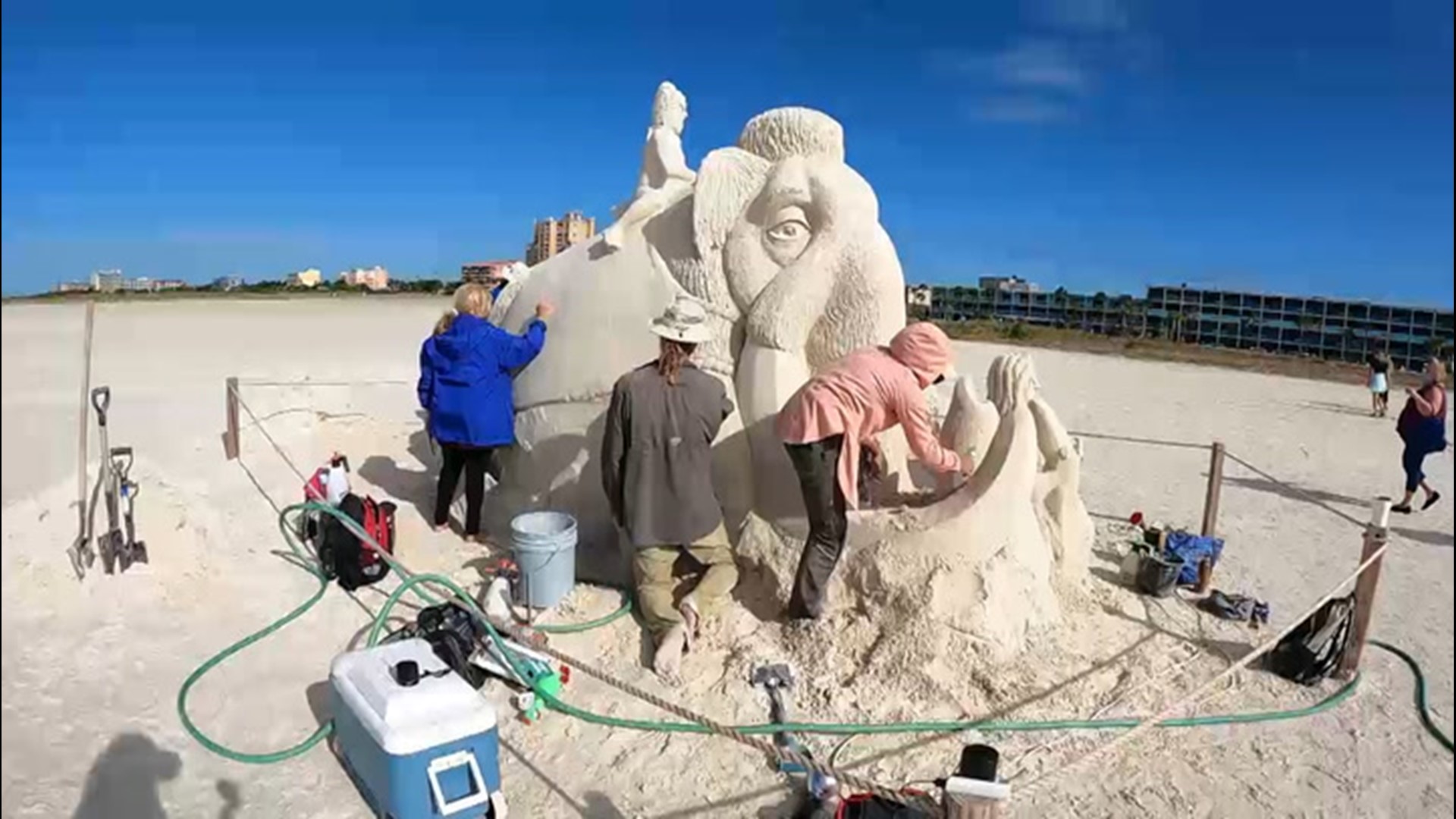 Storm surge from Eta wiped out a weeks' worth of work from professional sand sculptors on Treasure Island, Florida, who had to rush to rebuild in time for this weekend's 'Sanding Ovation' showcase.