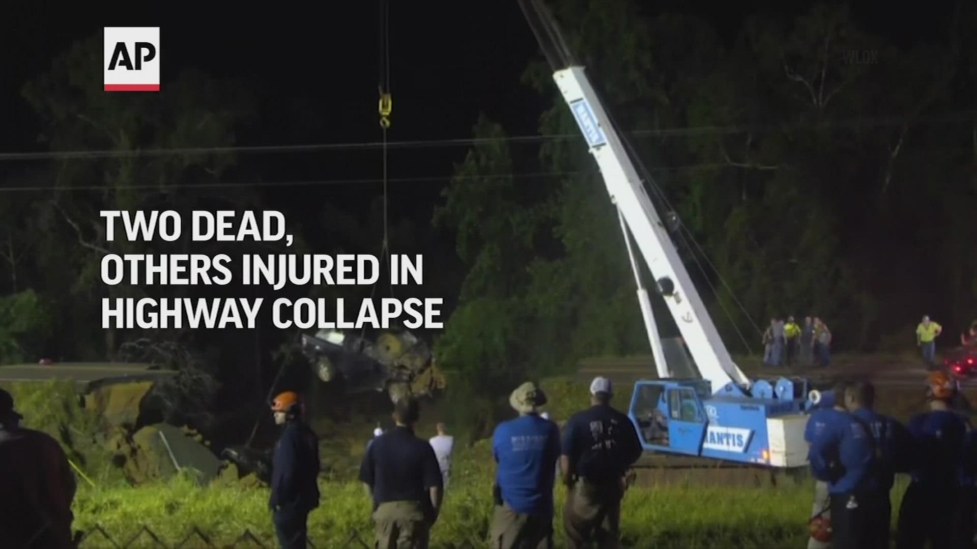 Two people were killed and at least 10 others were injured when their vehicles plunged into a hole where a highway collapsed after Ida blew through Mississippi.