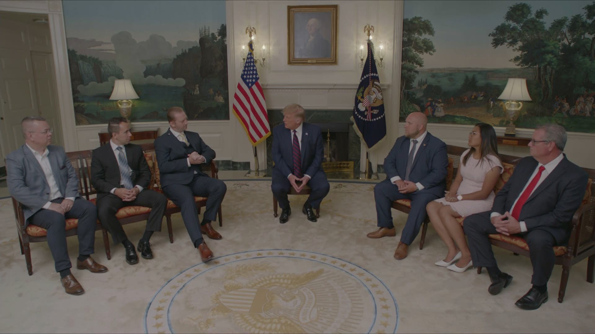 President Trump appeared at the opening night of the Republican National Convention in a video with six former hostages freed during the Trump administration.