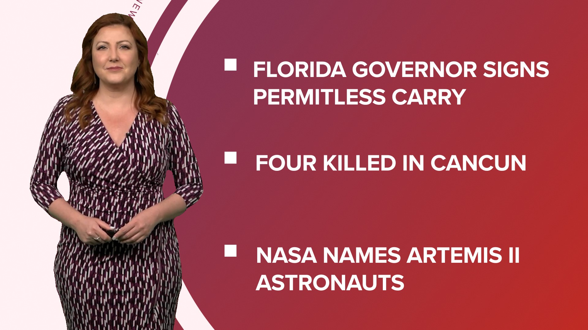A look at what is happening in the news from a new gun law allowing permitless carry in Florida to NASA naming the Artemis II astronauts and UConn winning the title.