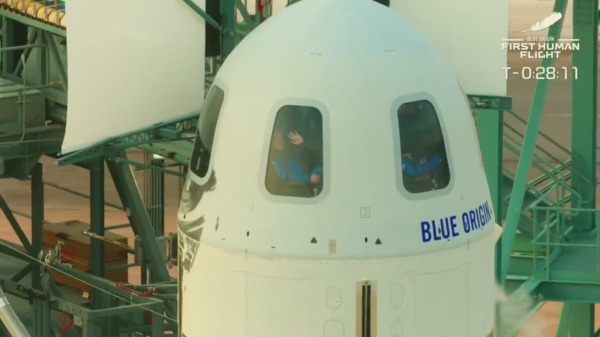 Jeff Bezos, his younger brother Mark, Wally Funk and Oliver Daemen board the New Shepard rocket for Blue Origin's first flight with people on board.