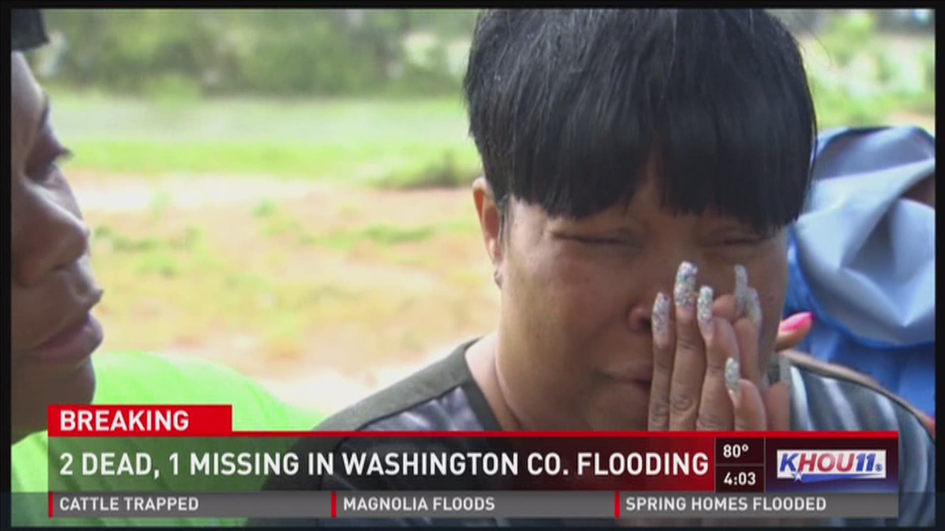 Two people have died and one is still missing after record flooding in Washington County, the Brenham Fire Department tells KHOU 11 News. One victim drowned after becoming trapped in a trailer home on FM 1155 near Chappell Hill. The home was flooded as st