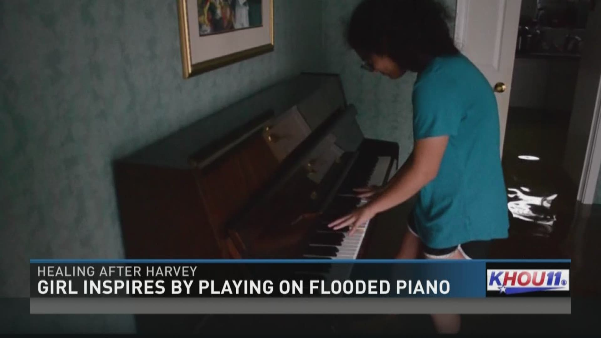A girl provides inspiration through the sounds of a flooded piano. 