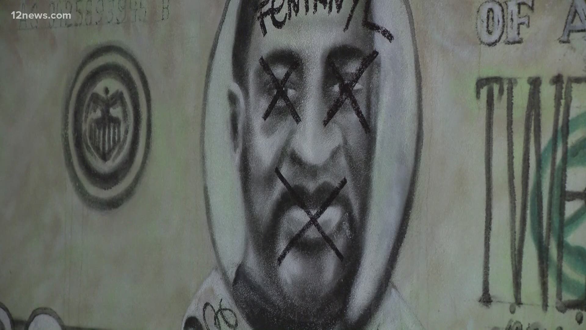 A Phoenix mural in honor of George Floyd has been vandalized with the word “fentanyl” and counterfeit money.