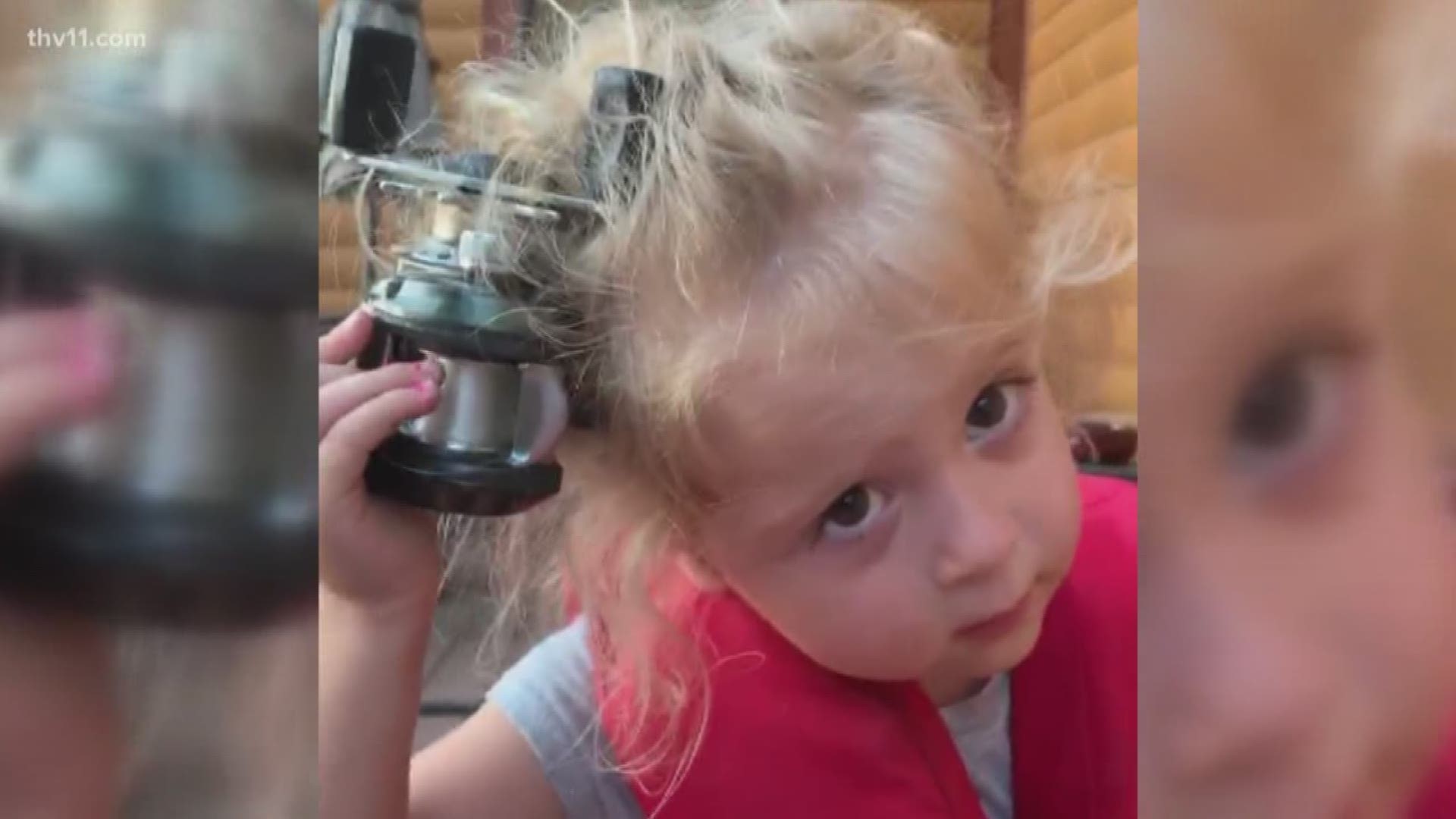 It's a video that has people all across the country laughing. A Mayflower mother posted a video to Facebook when a fishing reel got stuck in her daughter's hair.