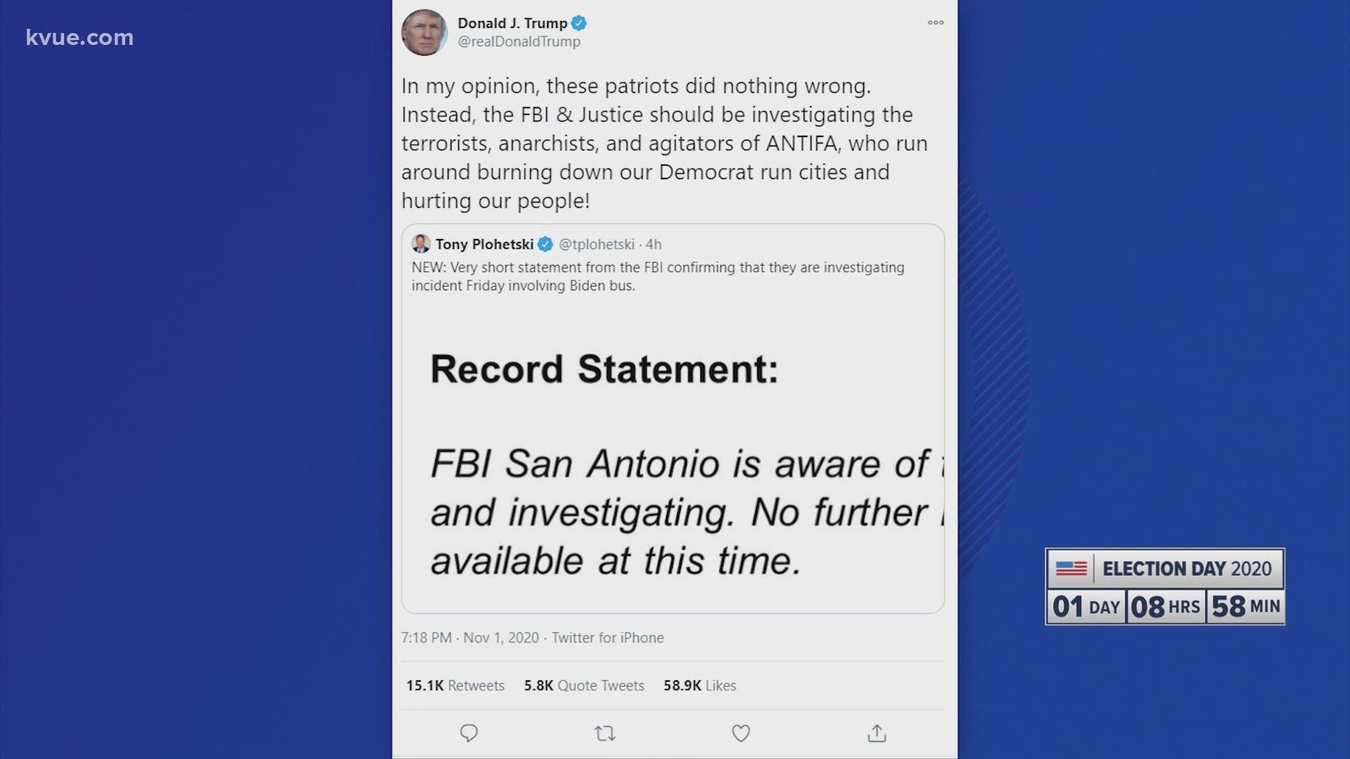 President Donald Trump defended his supporters involved in the Joe Biden bus incident that happened in San Marcos on Friday.