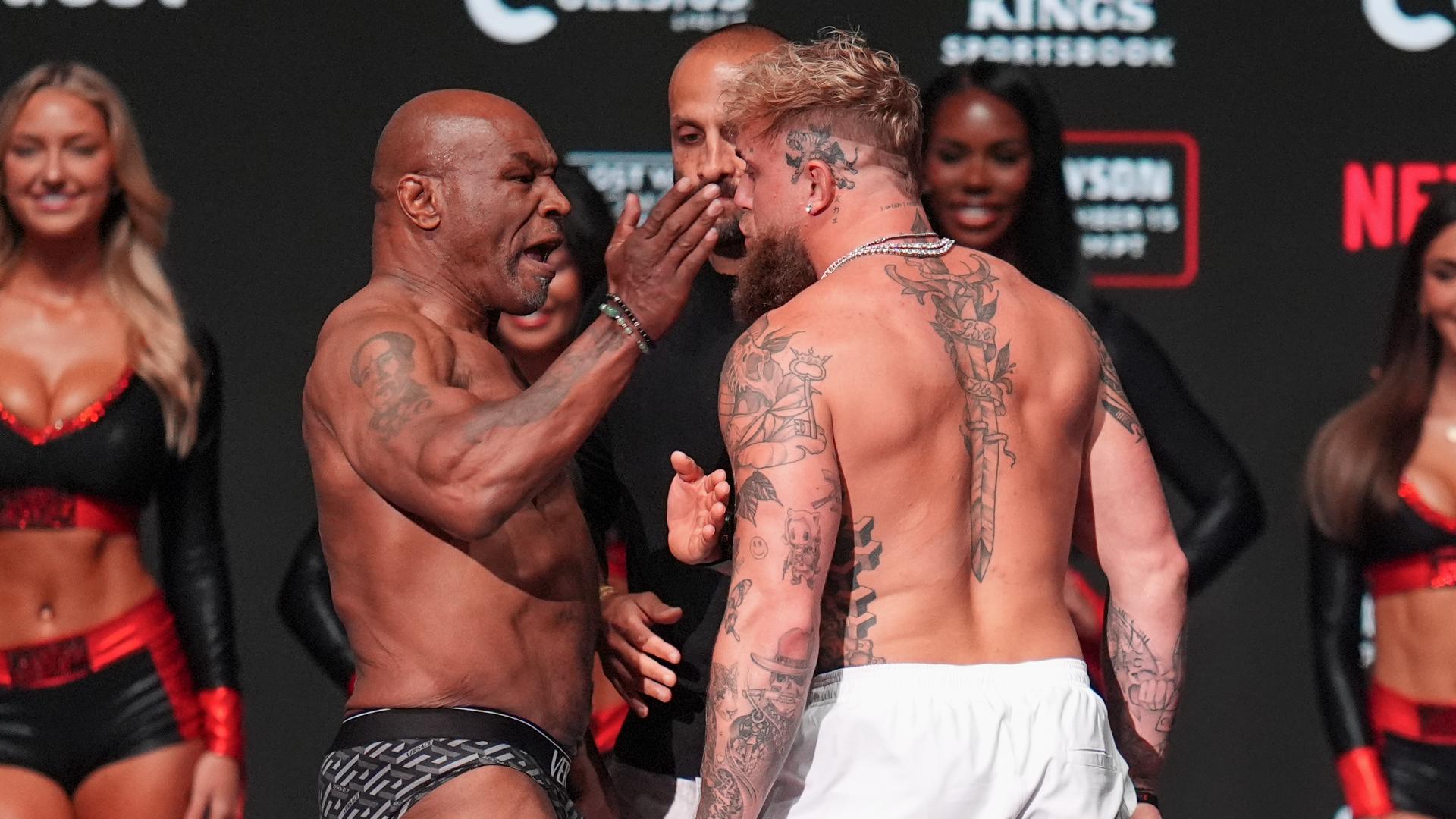 Things got heated during the face-off of the ceremonial weigh-ins between Mike Tyson and Jake Paul.