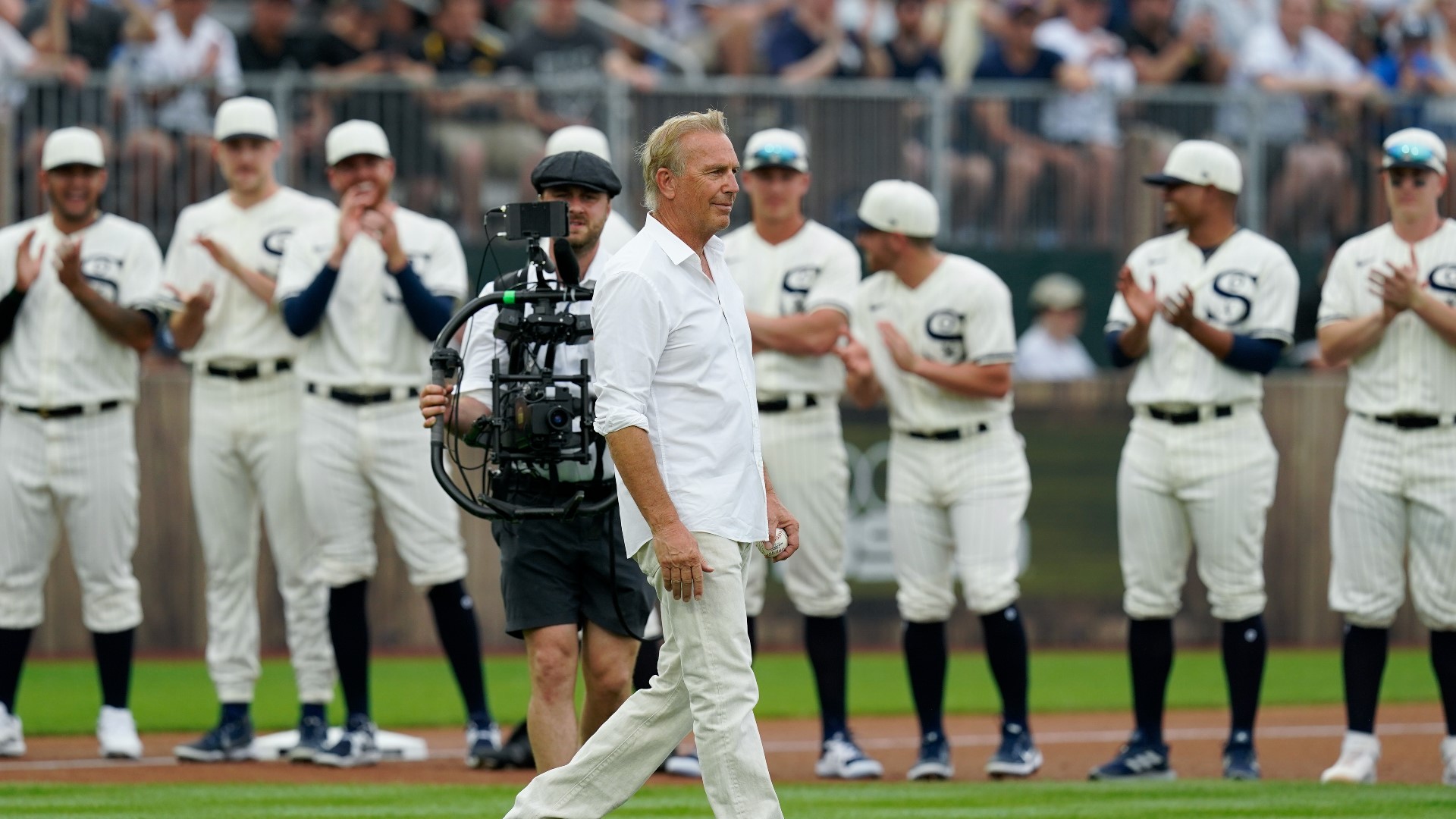 "On the other side of that corn we filmed a movie that stood the test of time," Costner said to open Thursday night's game.