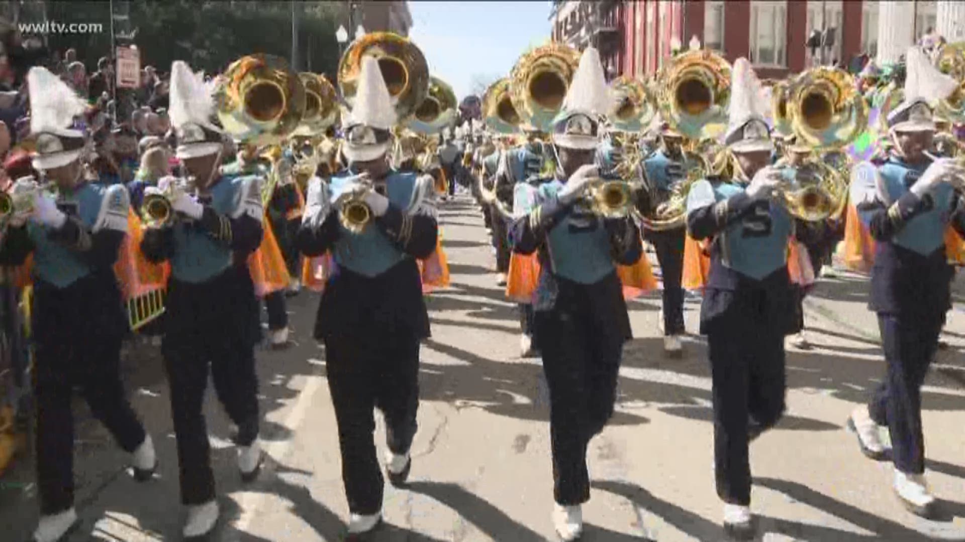 The Southern University Marching Band - AKA 'The Human Jukebox' at Gallier Hall on Mardi Gras Day 2018. 