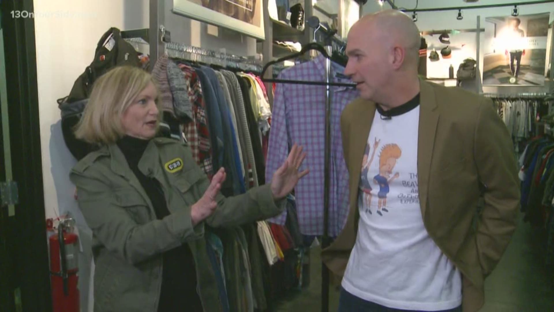 WLAV's Michelle McKormick gives 13 ON YOUR SIDE's Dave Kaechele a thrift makeover.