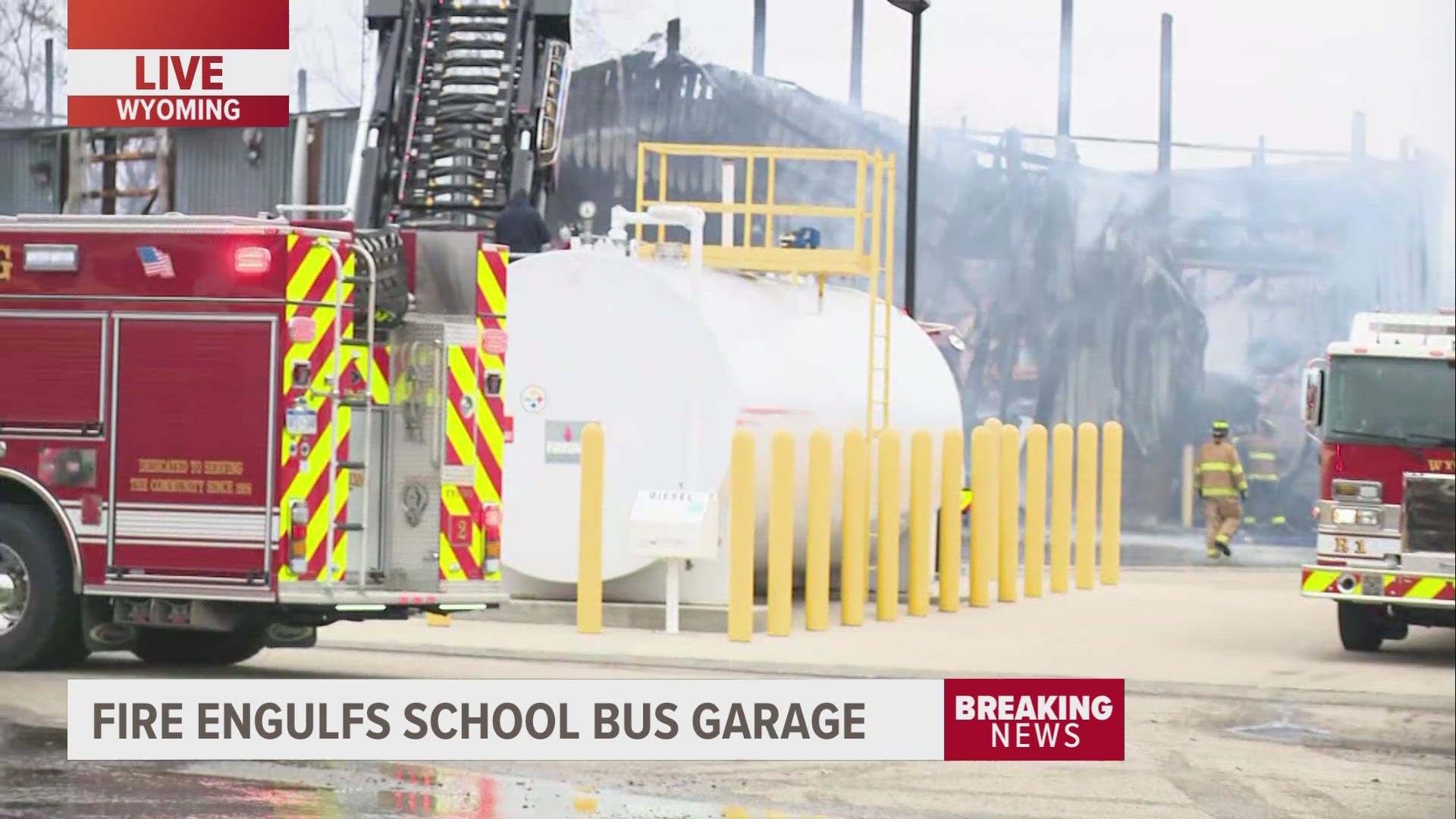 Two employees were inside the bus maintenance garage at the time when the fire sparked. They made it out, but did have minor smoke inhalation, officials said.