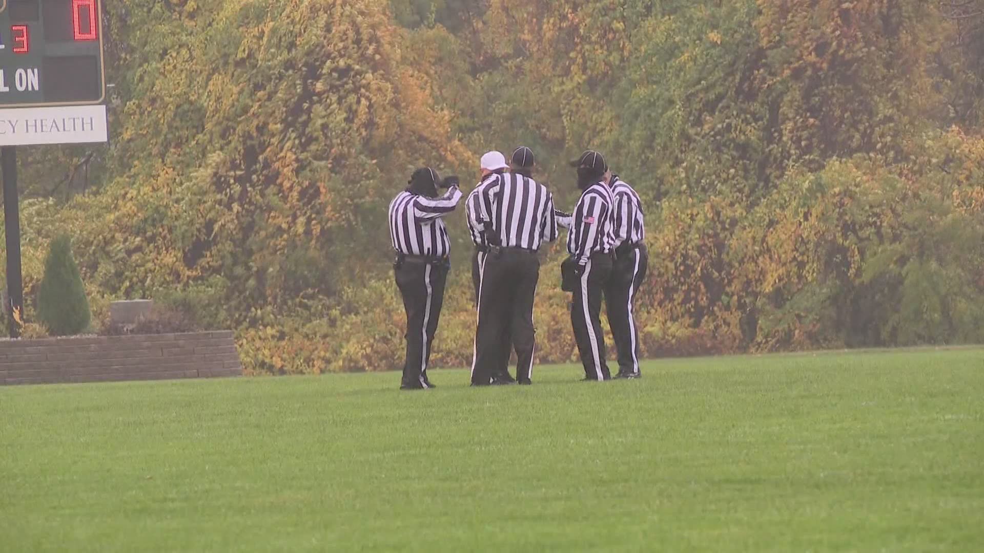 The game between Muskegon Catholic Central and Holton kicked off at 4:00 p.m Friday so the officiating crew could referee two games in one night.
