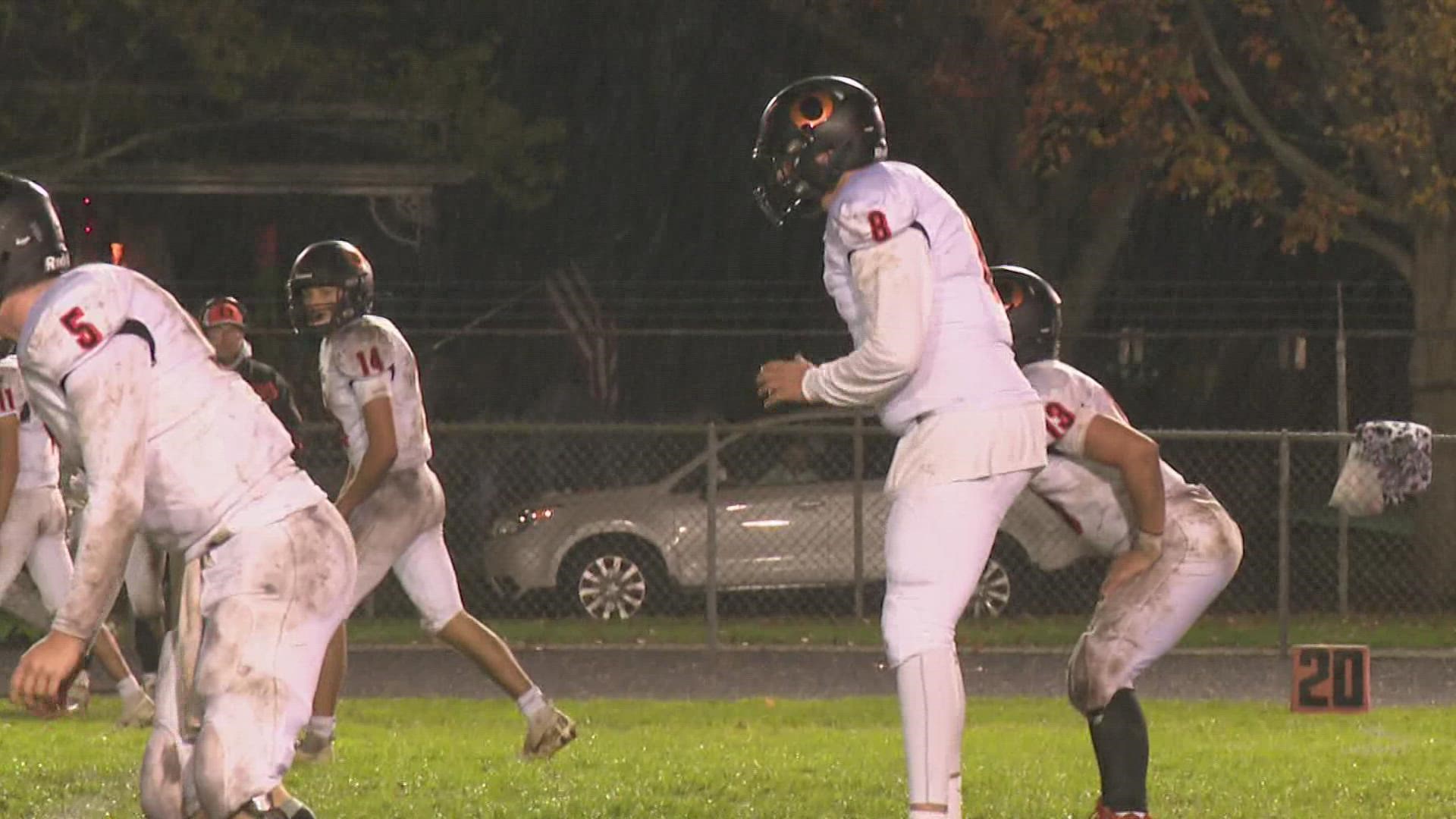 North Muskegon's defense pitches a shutout, winning 25 to nothing.