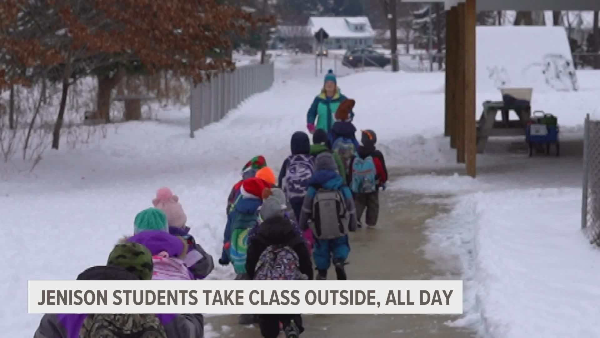 Students at the Kids First School are enjoying class outside even when there’s snow and below-freezing temperatures.