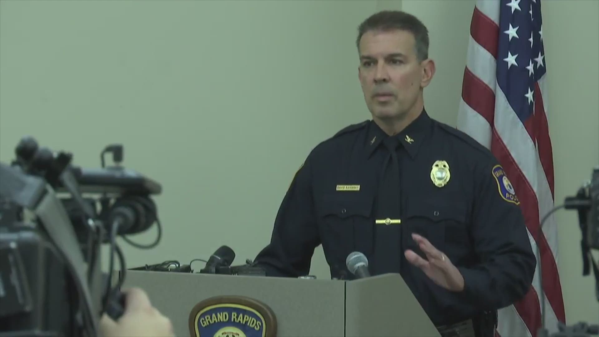 Grand Rapids Police Chief David Rahinsky responds to the child handcuffing incident. During the press conference, the department played the 911 call and showed officer body camera footage.