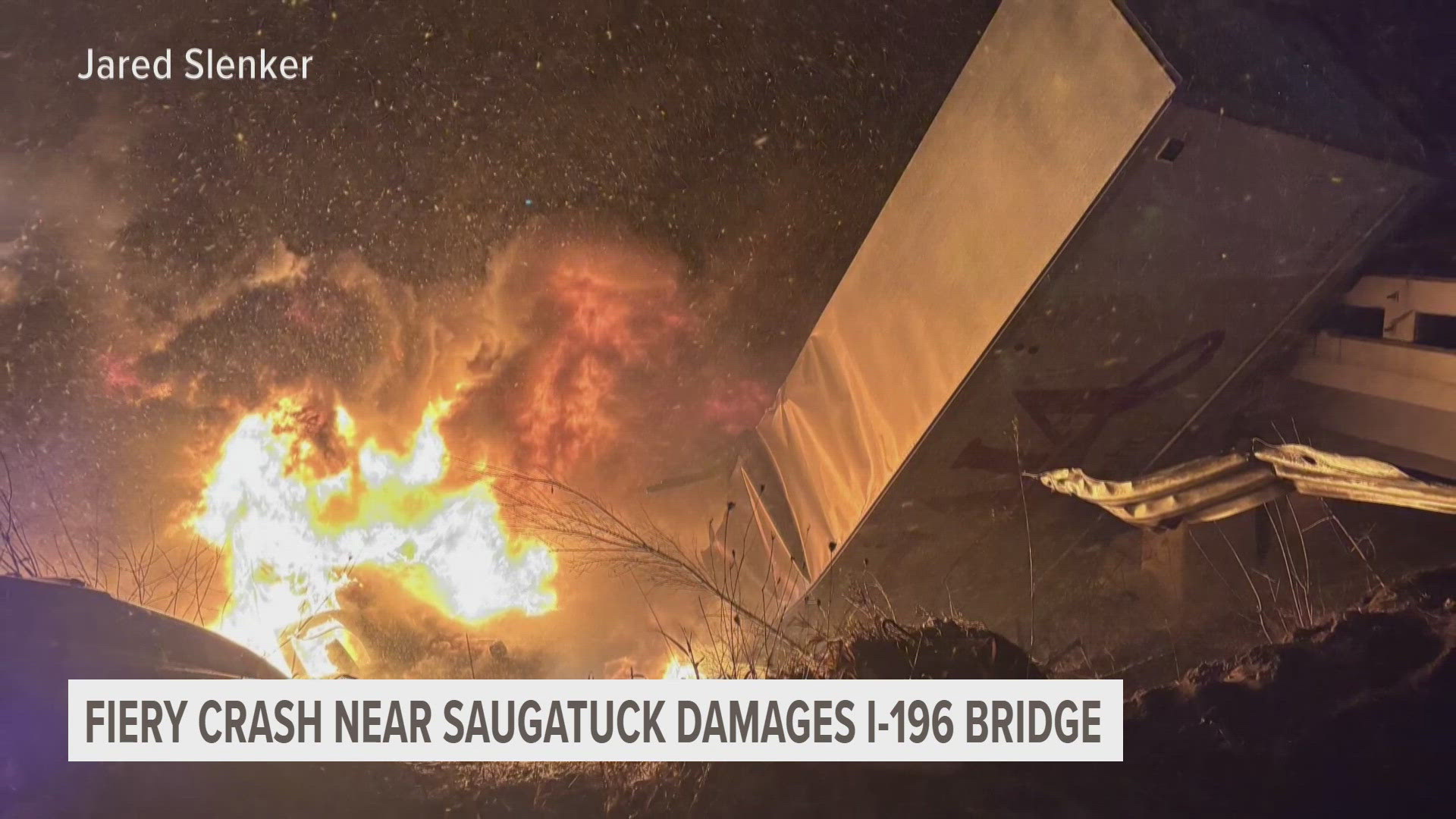 Fiery crash closes I-196 after semi slides off overpass | wzzm13.com