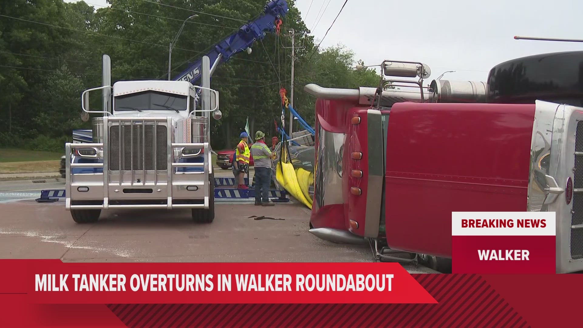 Walker Police are tending to a rollover crash at the roundabout at Remembrance and Wilson Avenue Thursday afternoon. Expect backups as crews clean up.