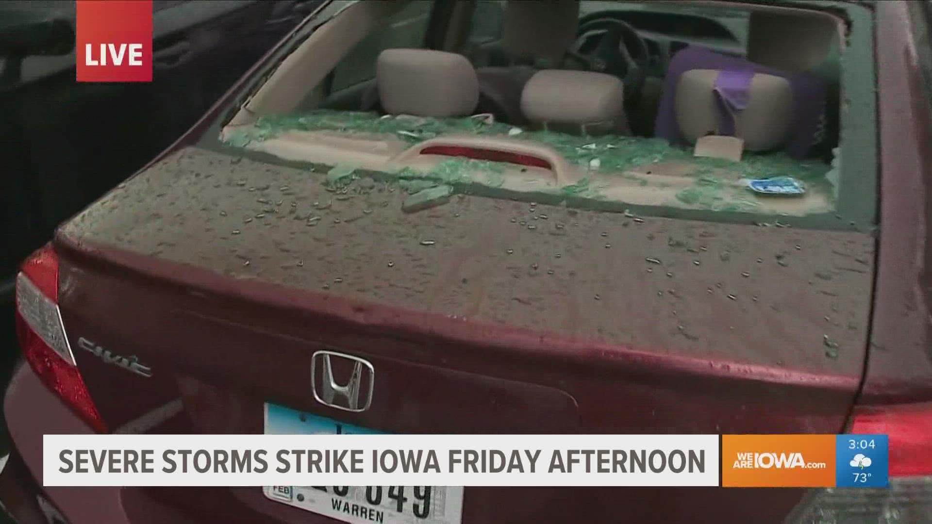 A severe storm dropped massive hail stones on 13 OYS sister station Local 5 WOI in Des Moines, Iowa on Friday, including their meteorologist's, who was live on-air!