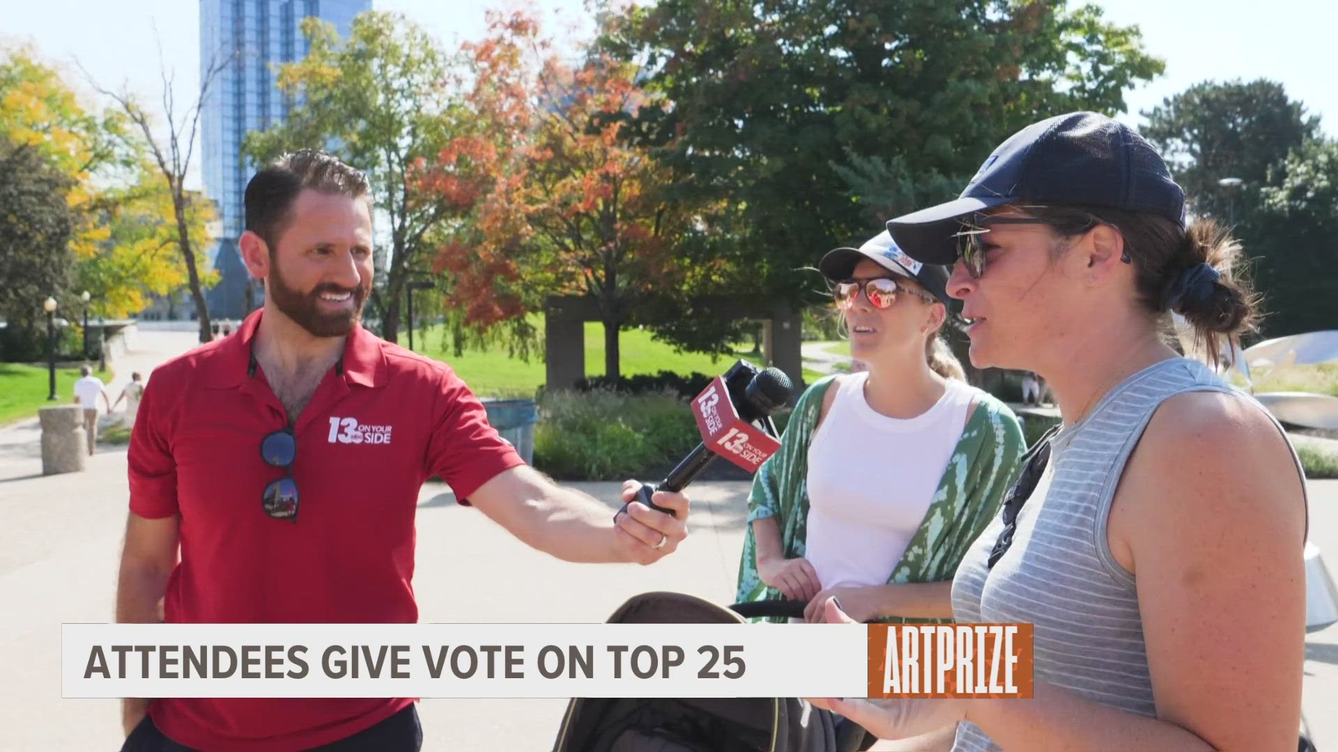 Jay Plyburn and Samantha Jacques ask ArtPrize attendees outside of the Gerald R. Ford Presidential Museum who they think should be in the Top 25 round of ArtPrize.