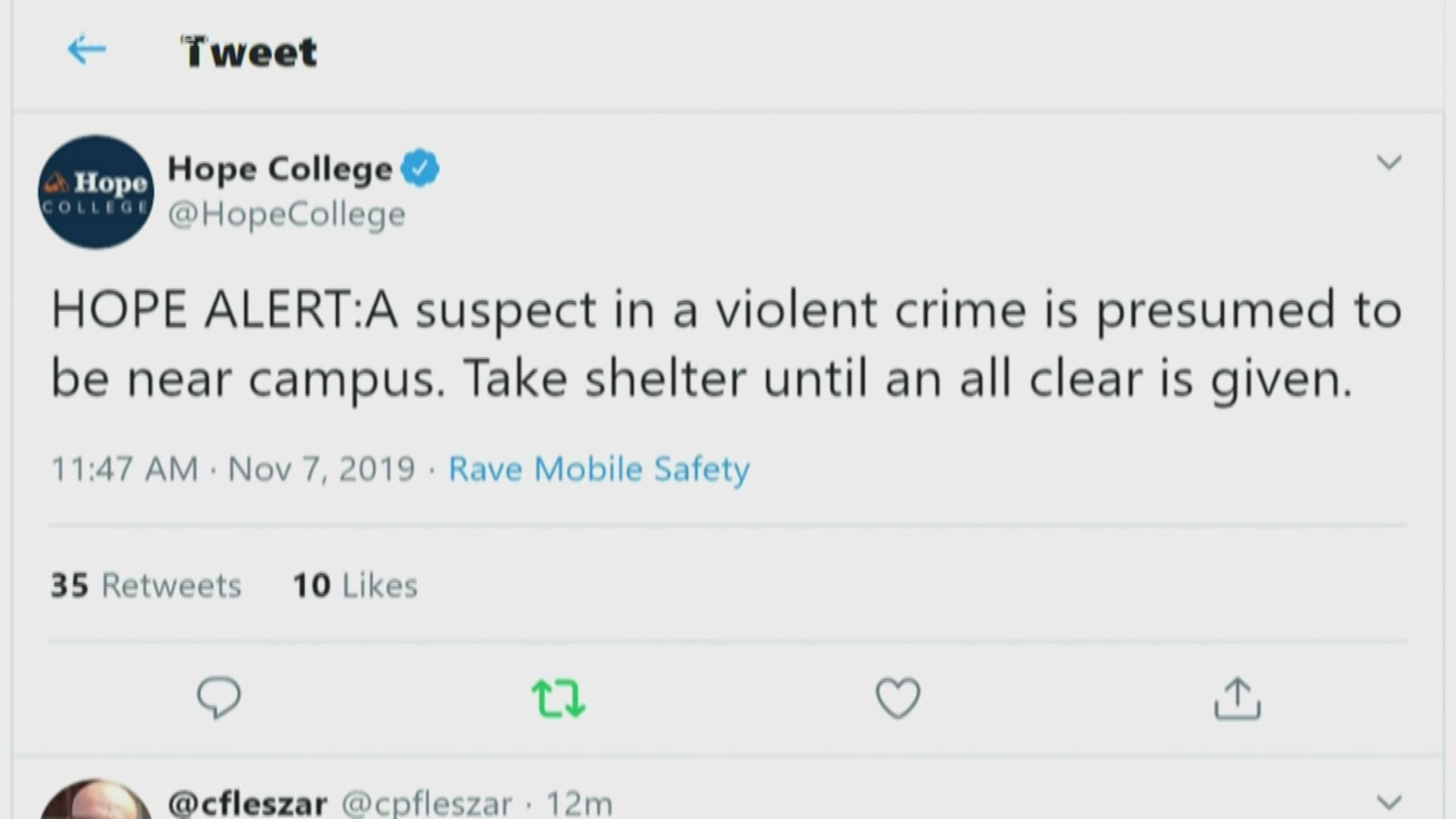Students and staff were told to take shelter until an all clear was given.