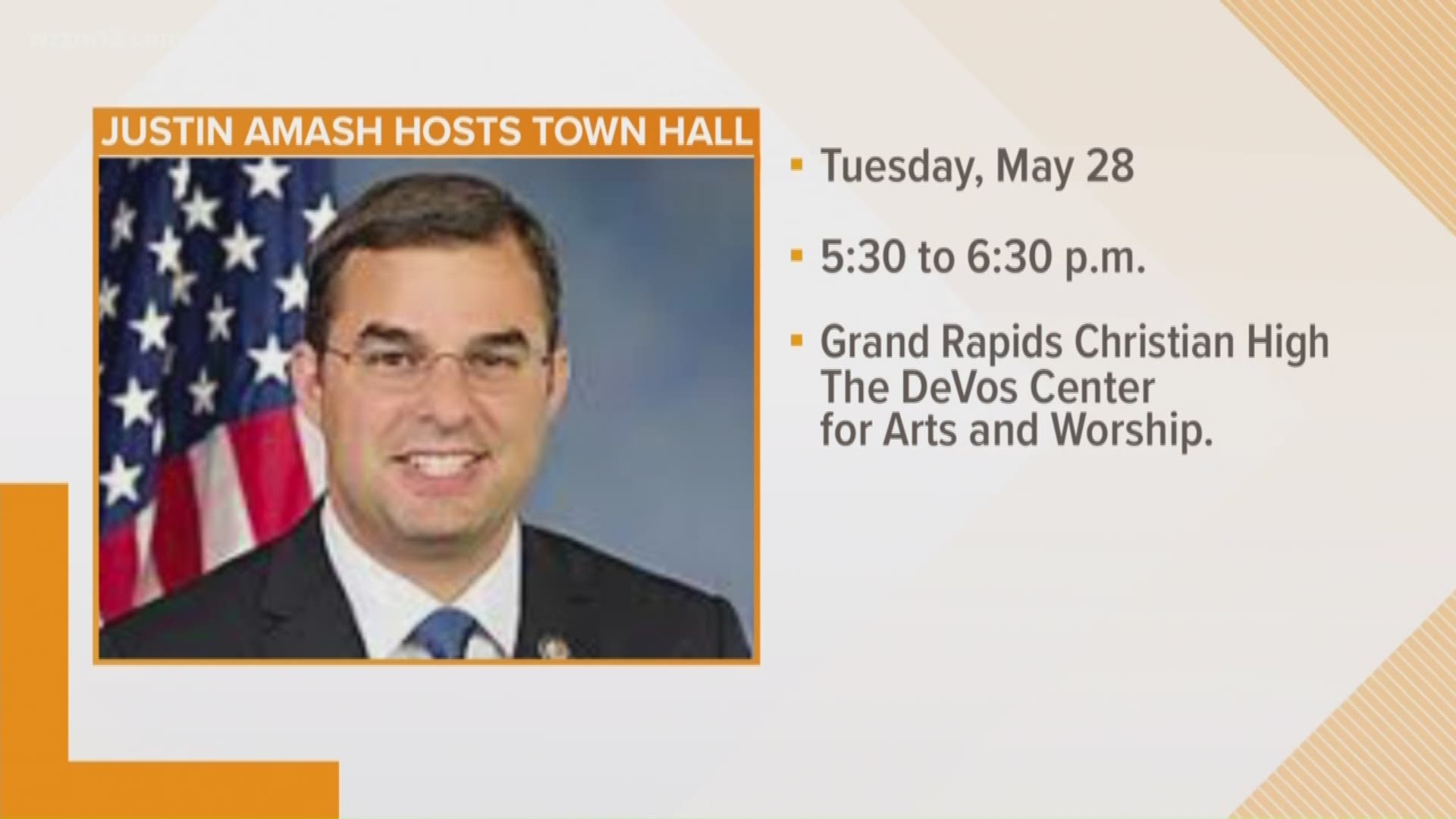 Republican U.S. Rep. Justin Amash will be hosting a town hall meeting in Grand Rapids next week. The meeting will take place from 5:30 to 6:30 p.m. on Tuesday, May 28, at Grand Rapids Christian High School in the DeVos Center for Arts and Worship.
