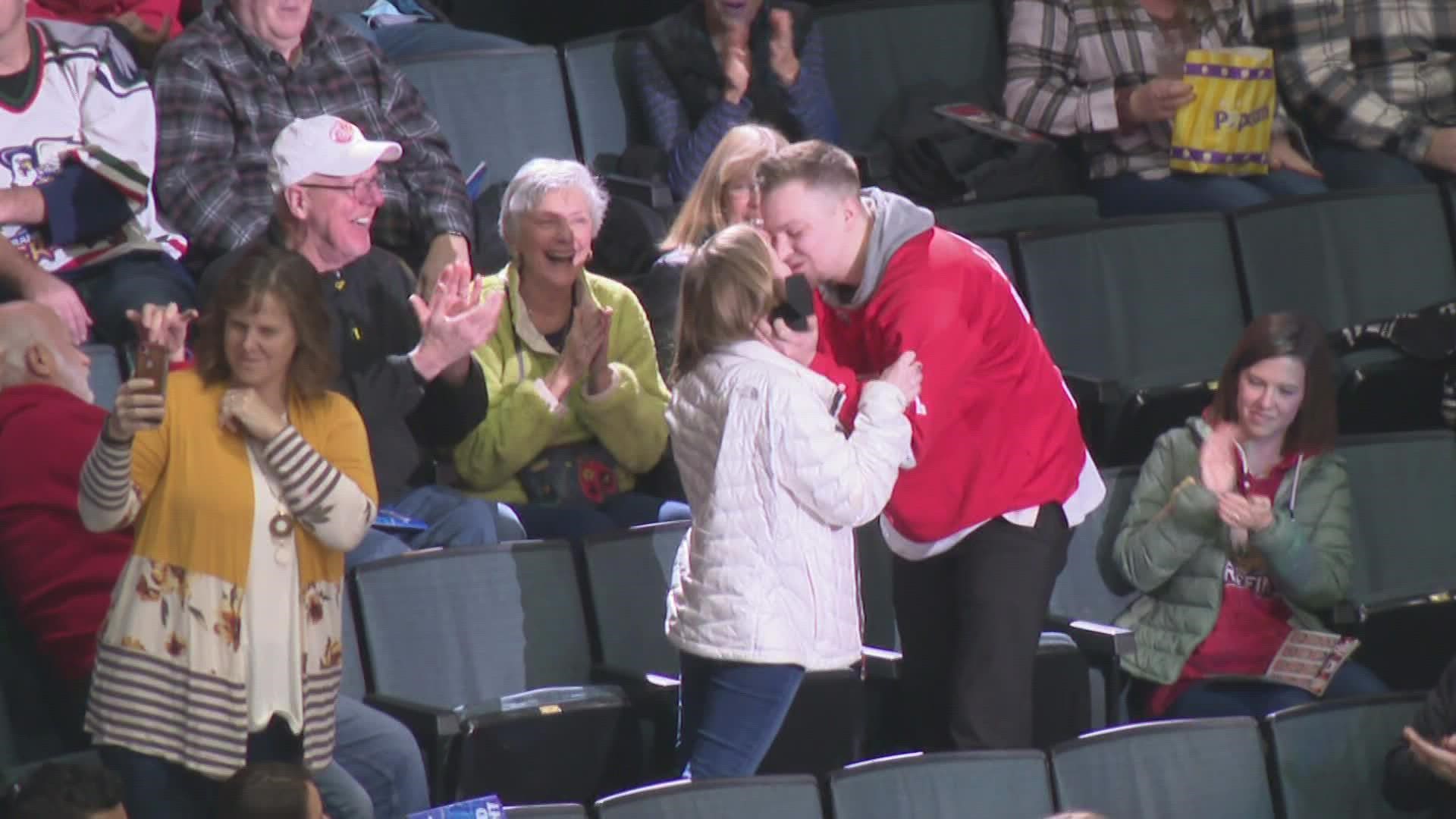 Sam Swain and Sally Creason got engaged at Friday's Griffins game. It was Sally's first Griffins game ever — and it came with the perfect surprise.