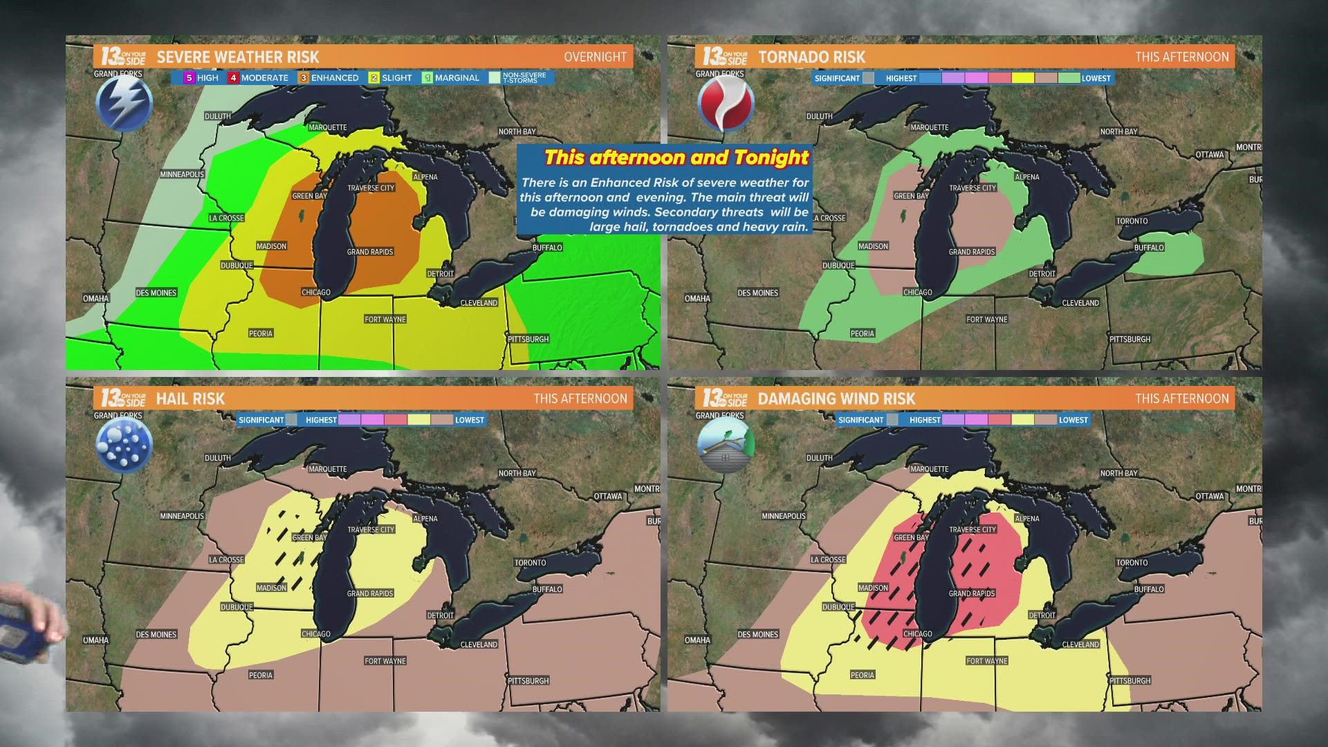 Damaging winds, large hail and isolated tornadoes possible.