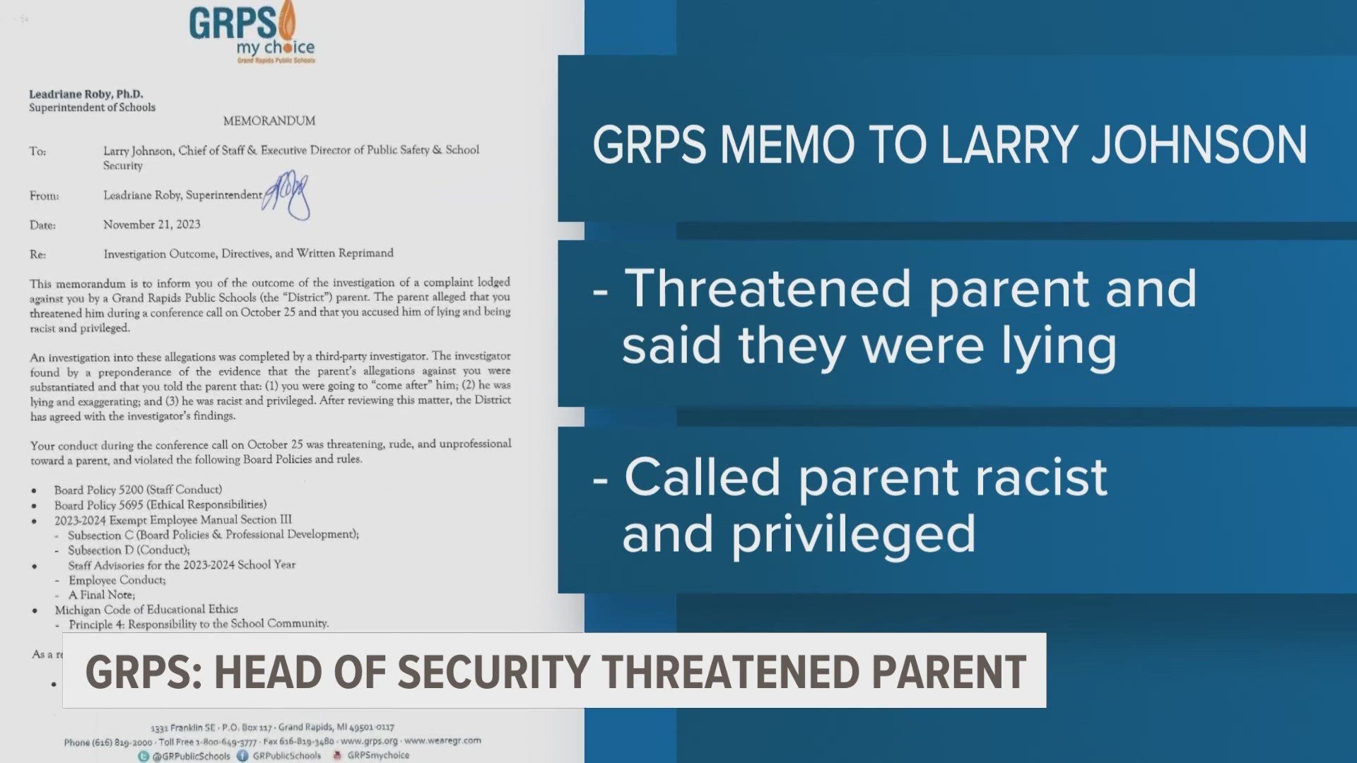 An internal memo sent to the GRPS Head of Security Larry Johnson details his violation of several policies and rules.