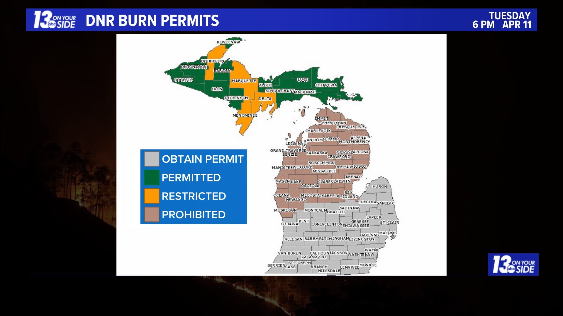 This is the Michigan DNR burn permits as of Tuesday, April 11, 2023
