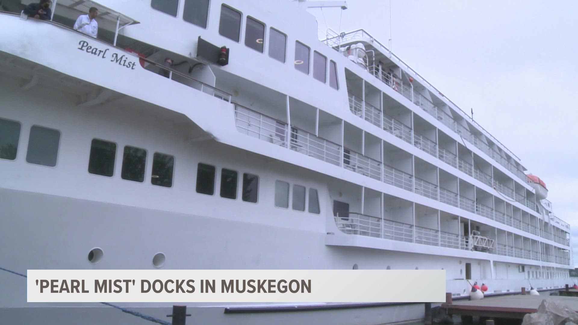 The 210-passenger vessel anchored in Muskegon Lake around 9:00 Tuesday morning.