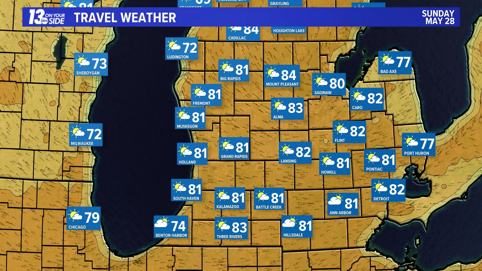 Temperatures break into the 80s Sunday across most of Lower Michigan and around 80° most of the U.P.