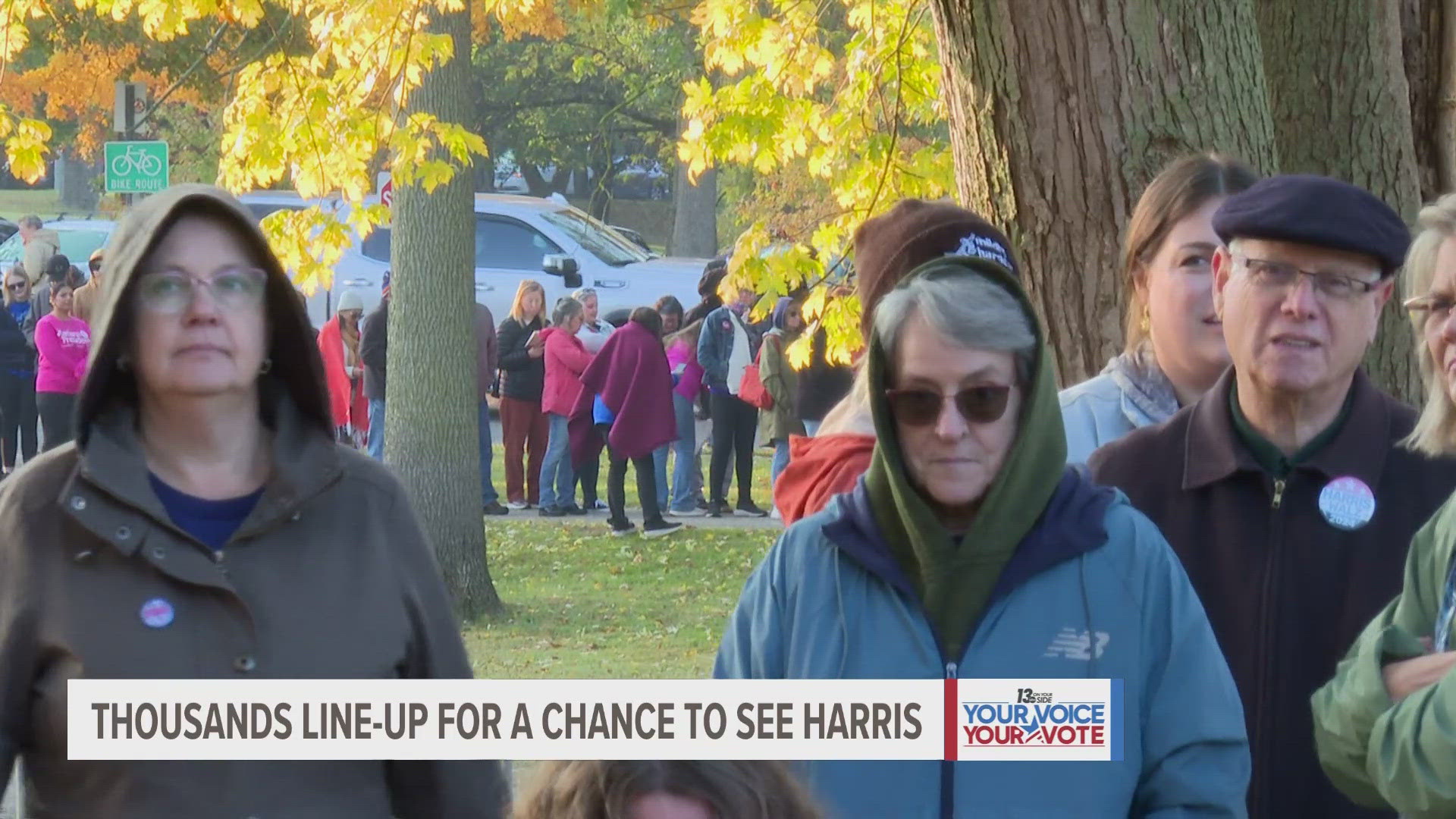 Thousands of supporters lined up early at Riverside Park in Grand Rapids, Michigan to hear Vice President Kamala Harris speak.