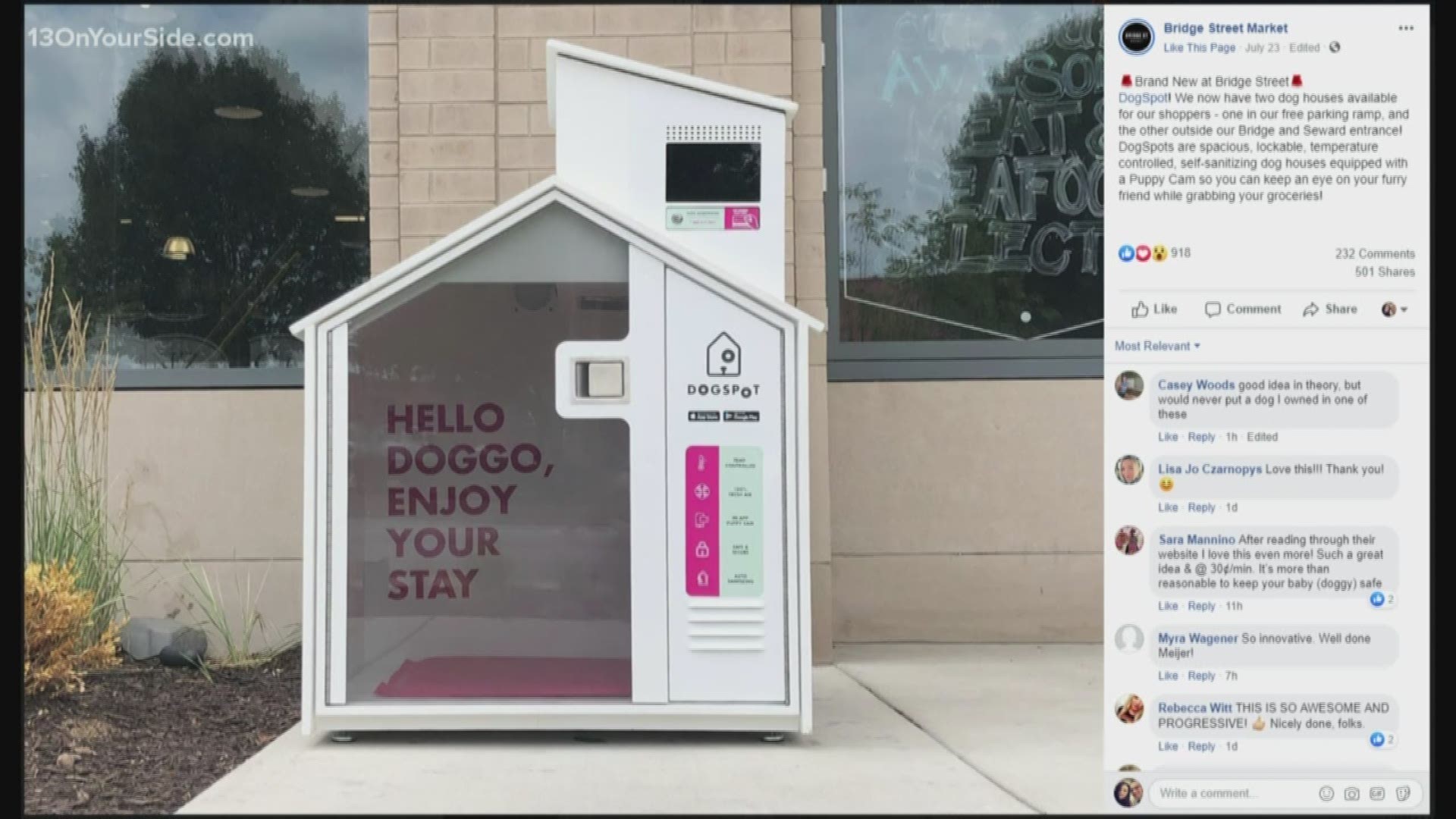 The Bridge Street Market just got a little more pet-friendly. The houses, created by a company named DogSpot, are spacious, lockable, temperature-controlled and self-sanitizing structures equipped with cameras so shoppers can go about their business insides Bridge Street, even if their four-legged friend is tagging along.