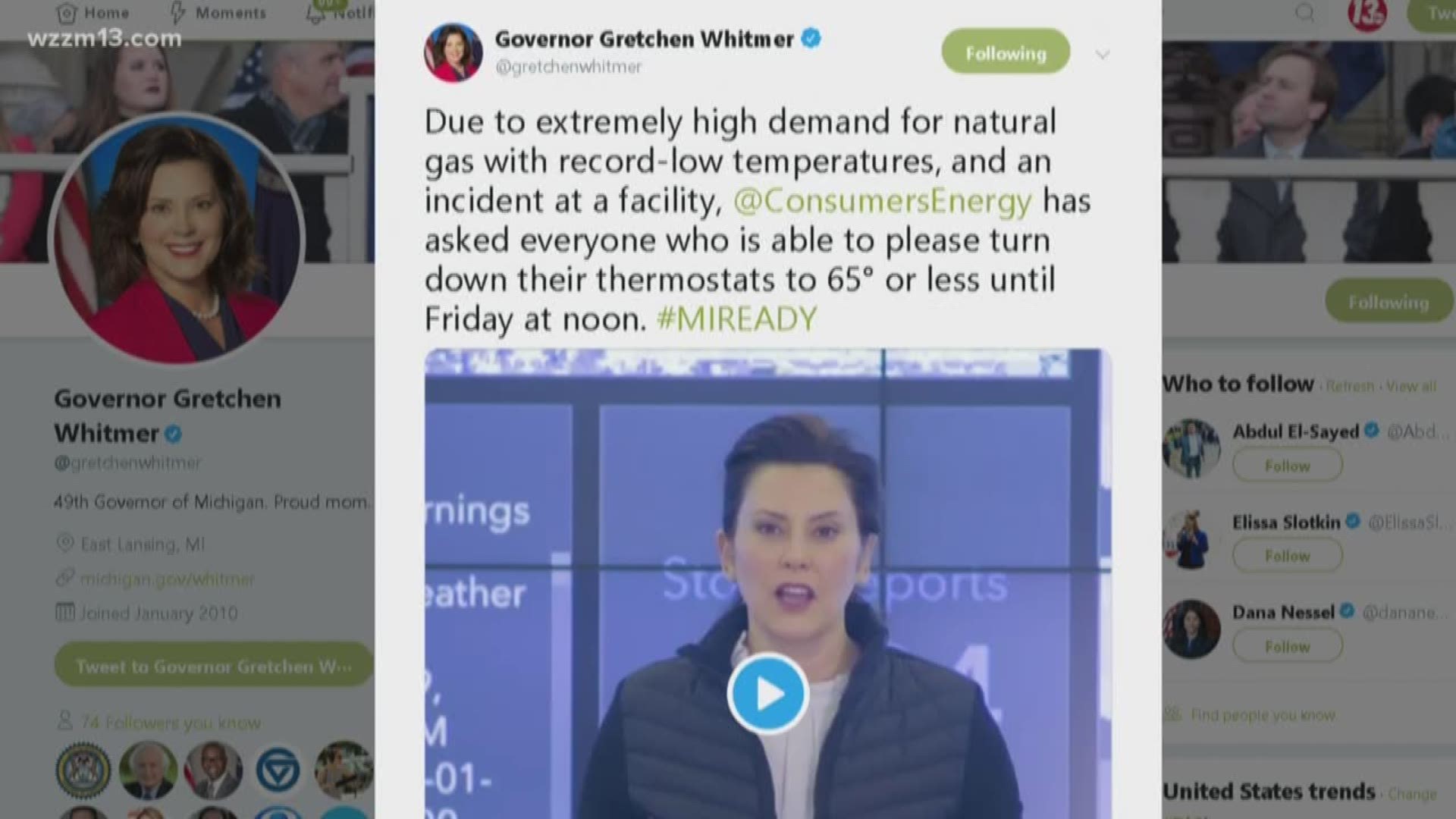 Gov. Whitmer asks people to lower their thermostats