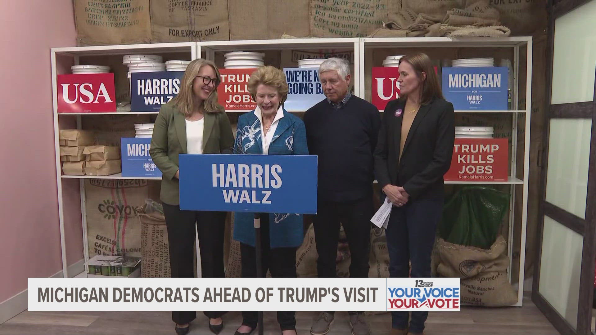 Michigan Democrats and other Kamala Harris supporters are reacting to Donald Trump's final campaign stop in Grand Rapids.