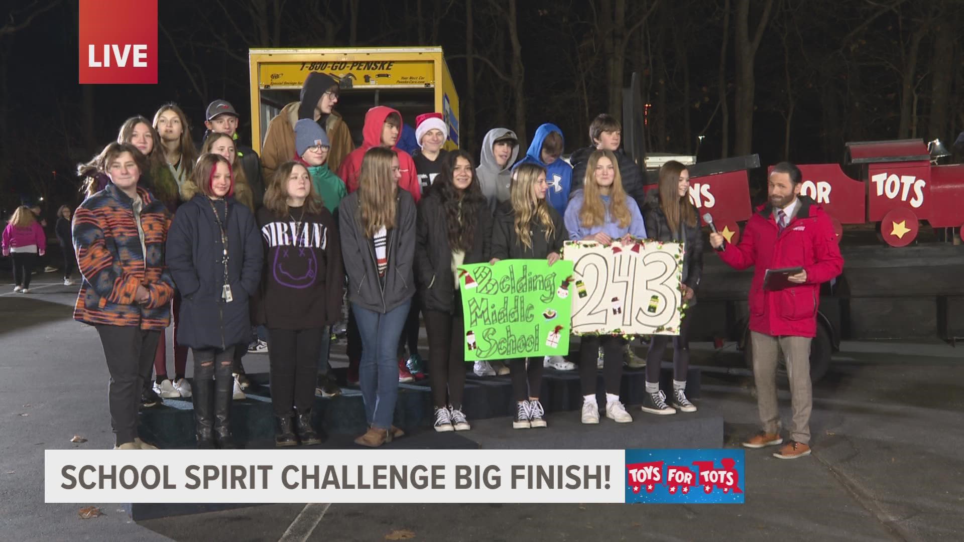 West Michigan schools and organizations are joining 13OYS for the School Spirit Challenge Big Finish, where hundreds of toys are being donated.
