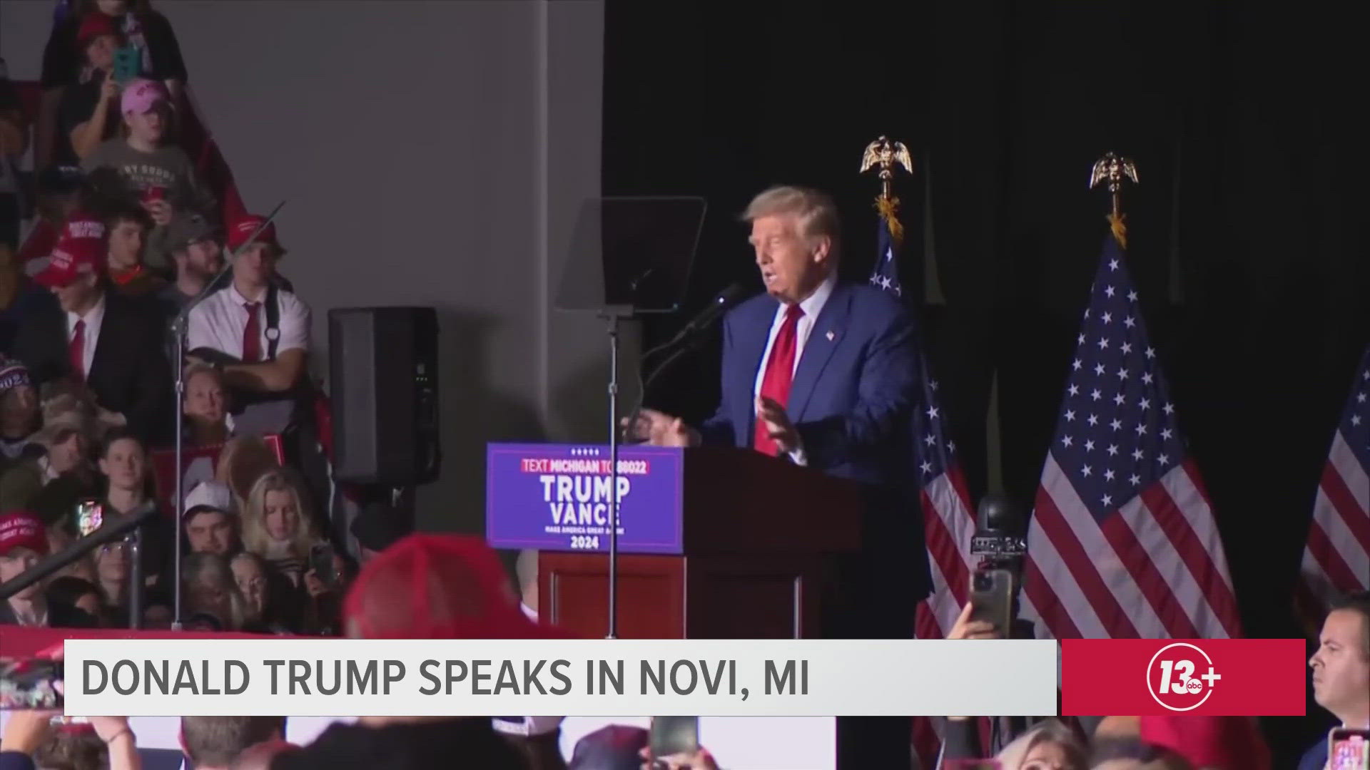 Former President Donald Trump speaks at campaign rally in Novi, MI Saturday after rallying late Friday night in Traverse City.