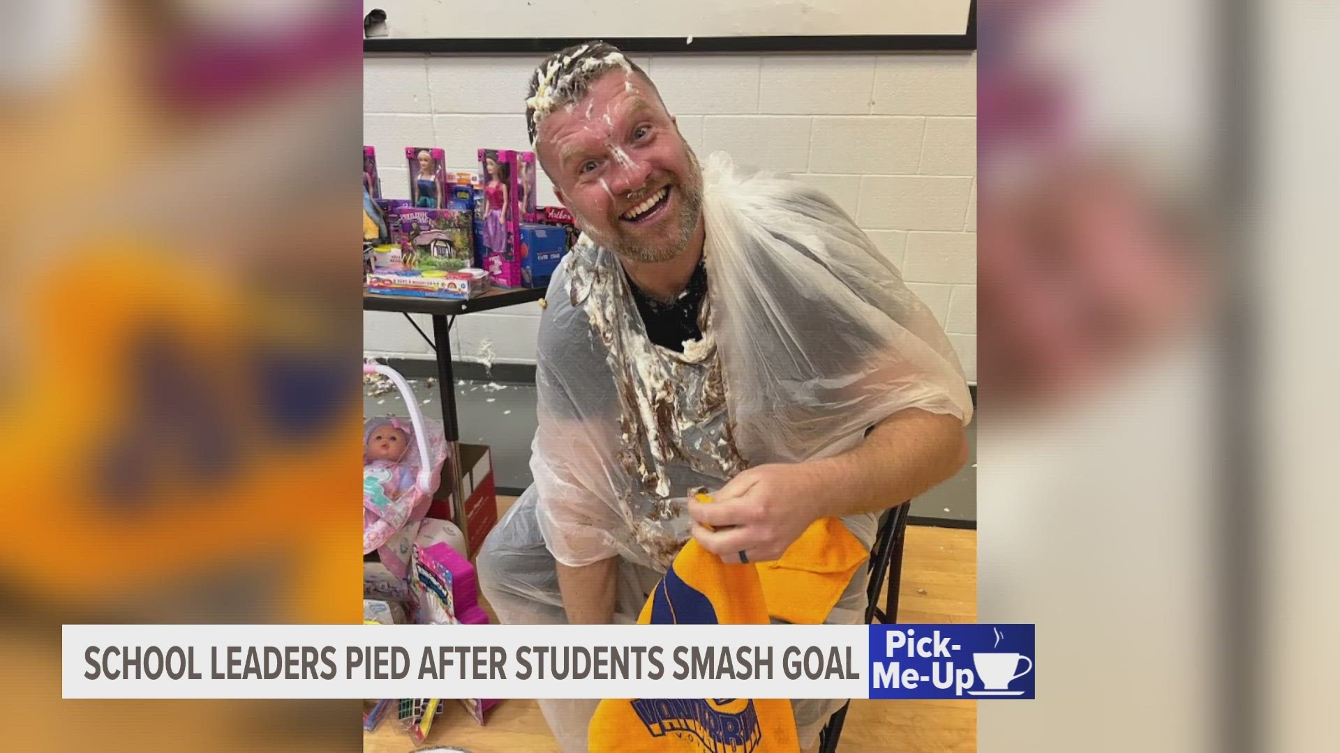 Students at Vanderbilt Charter Academy raised over 100 toys, and Principal Jeff Groffel and Middle School Dean Josh Rhoad got pied as a reward.