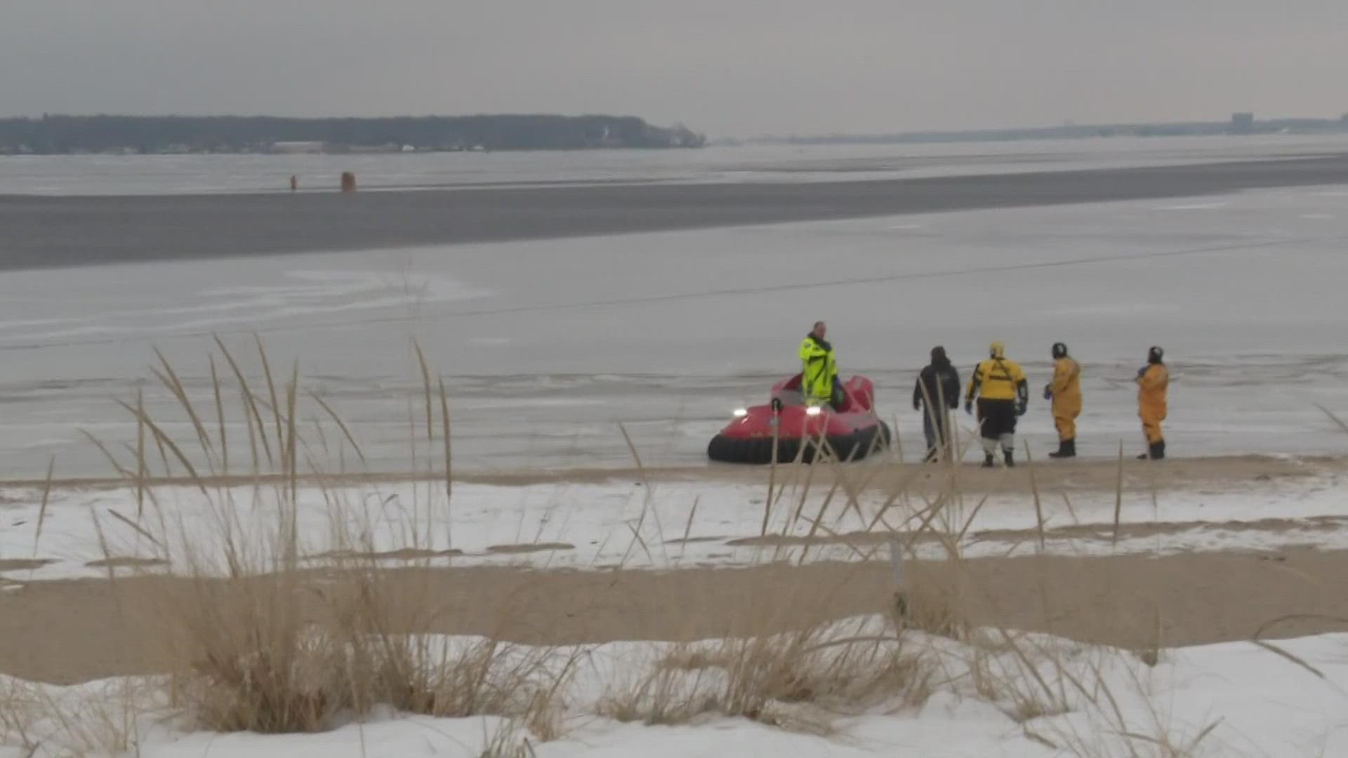 Rescue crews used a hovercraft to get to an ice fisherman on a section of ice that broke away.