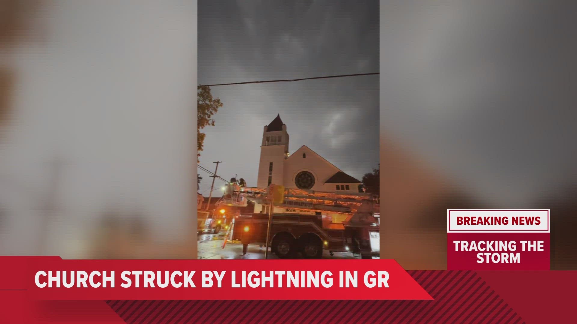 Thursday evening's storms left destruction across Grand Rapids, a church's bell tower was struck by lightning before catching fire.