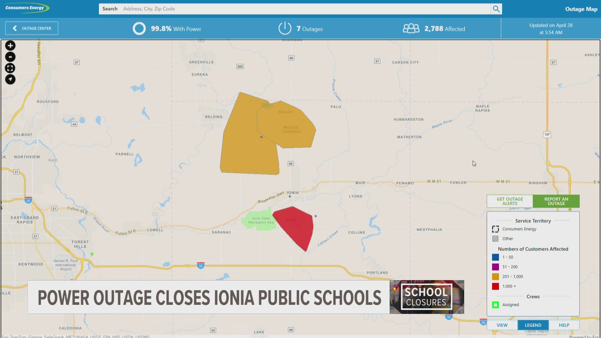 The Ionia Public Schools District announced that their schools will be closed Monday following a power outage in the area.