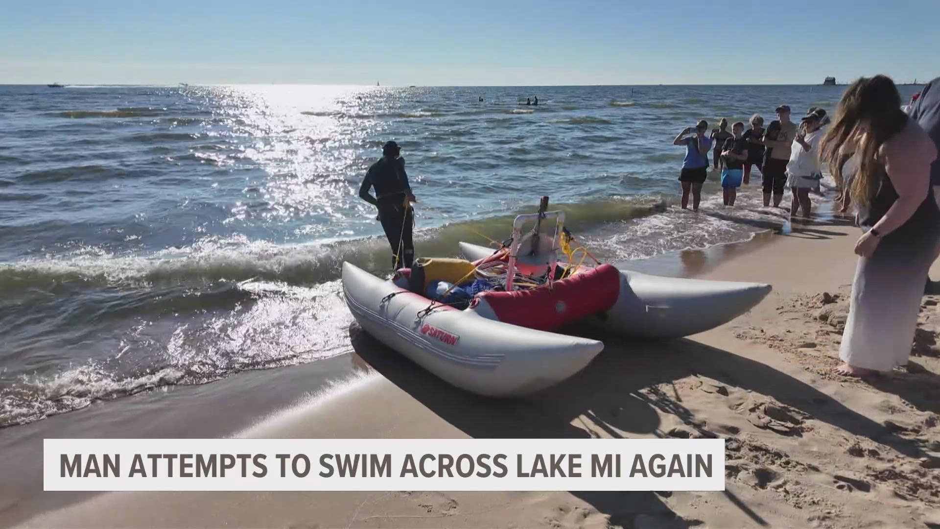 Jim "The Shark" Dreyer has started his 82.9 mile swim from Grand Haven to Milwaukee.