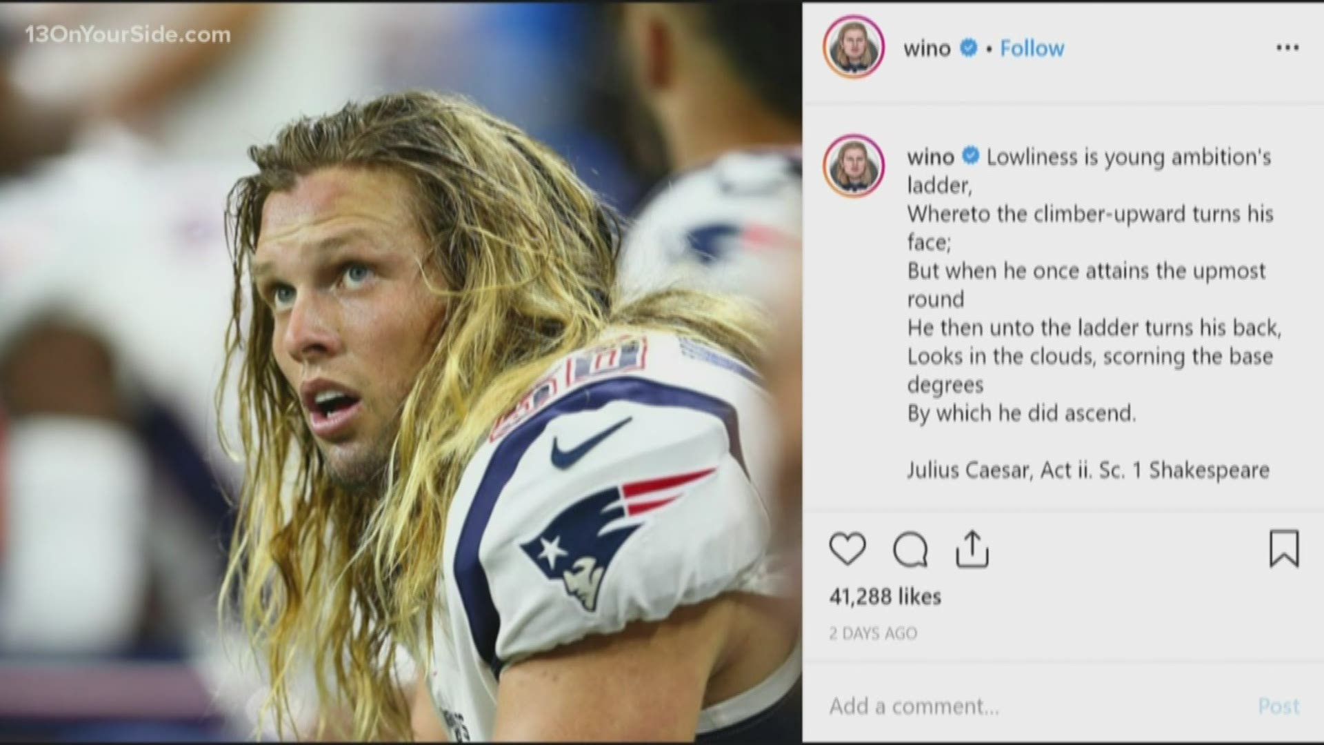 Chase Winovich posted an Instagram photo with a Julius Caesar caption.