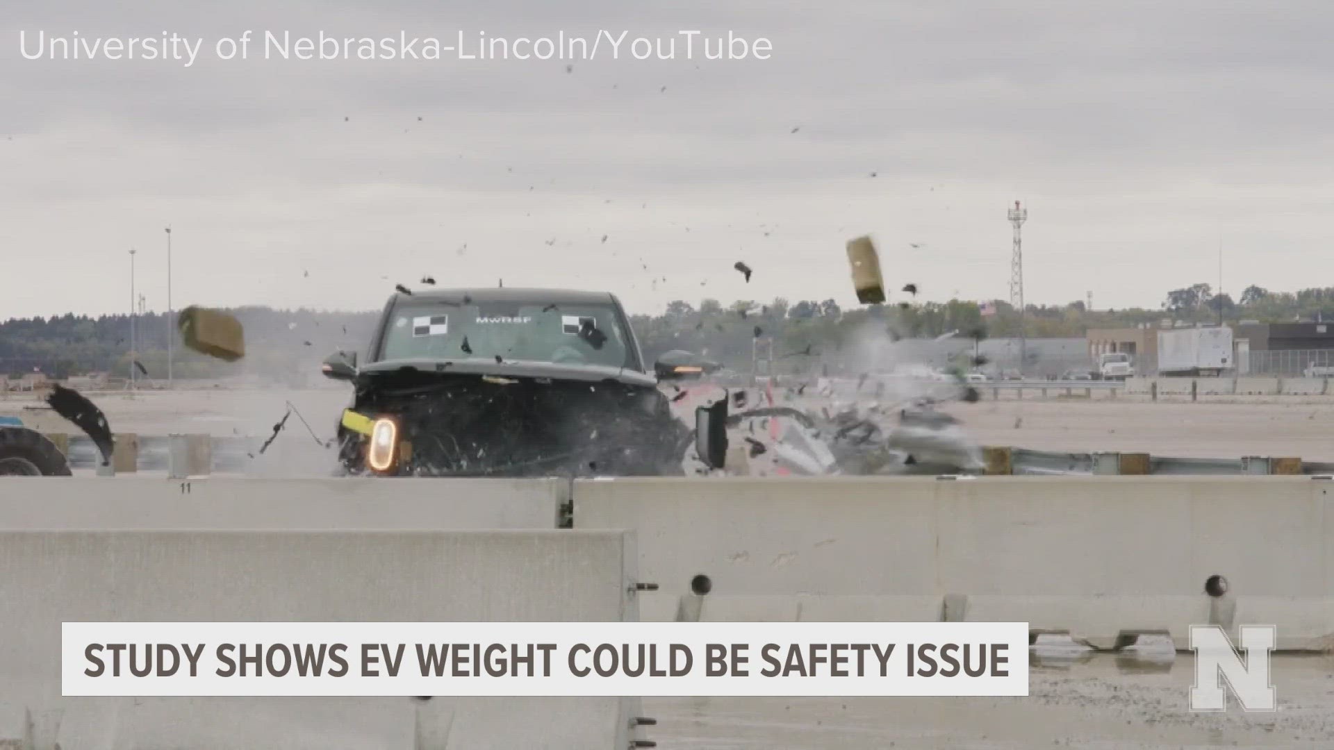 Crash tests done by the University of Nebraska show an electric truck slamming through a standard guardrail with ease.