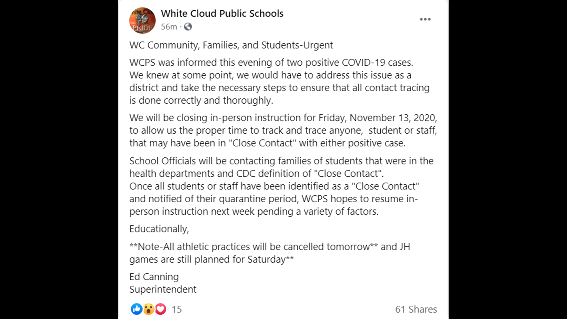 White Cloud Public Schools closing inperson classes Friday after two