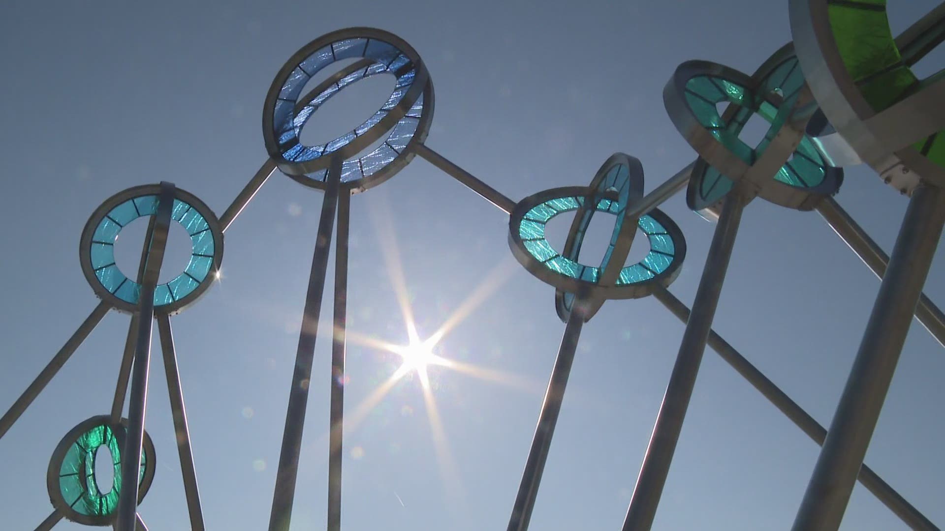 The 20-foot sculpture is in the round-a-bout at the corner of Lakeshore and Beach Street