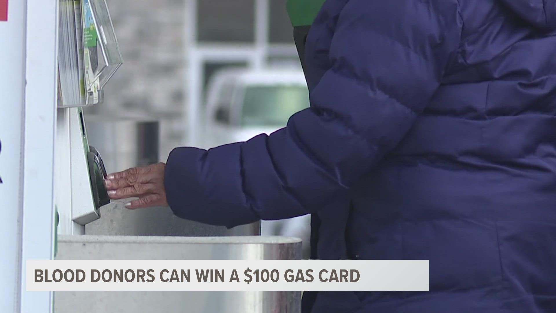 Versiti Blood Center of Michigan is giving out 33 gas cards across the state to people who attempt to donate between now and March 31.