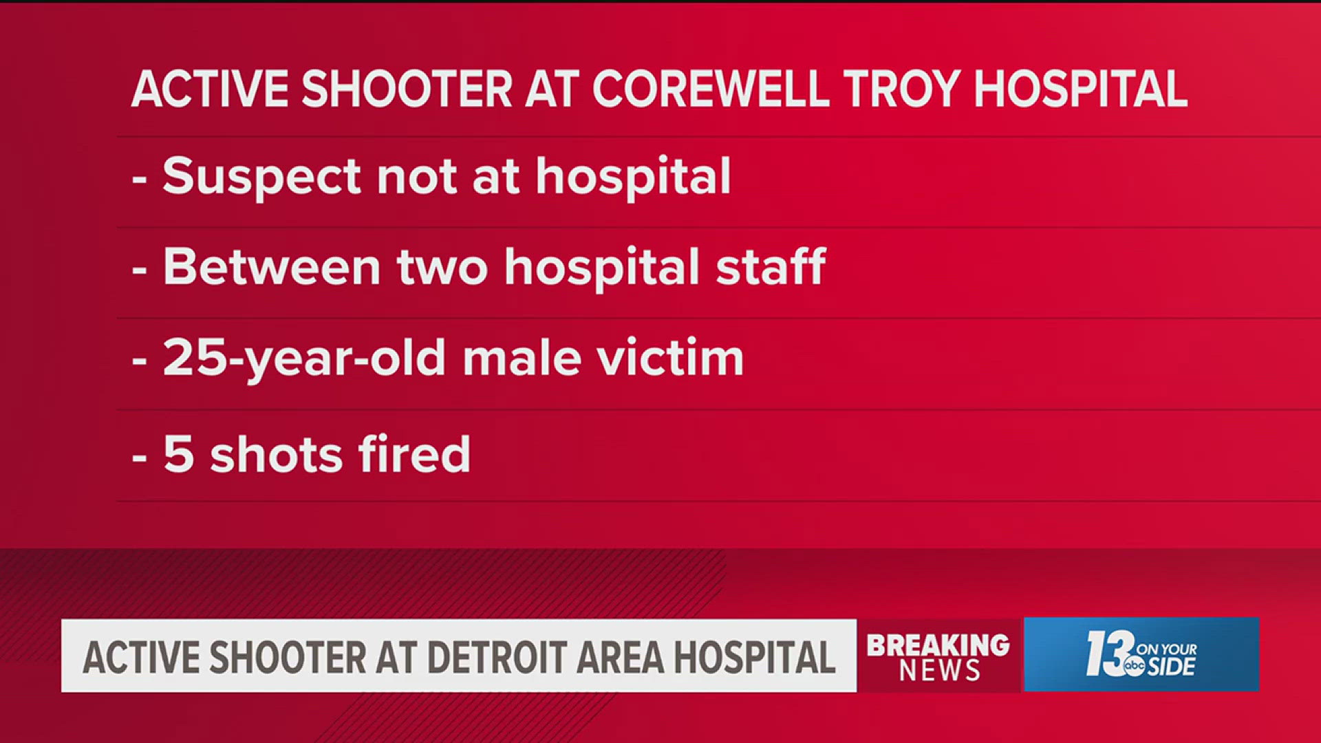 The suspect left the hospital and remains at large, the Troy Police Department said. 