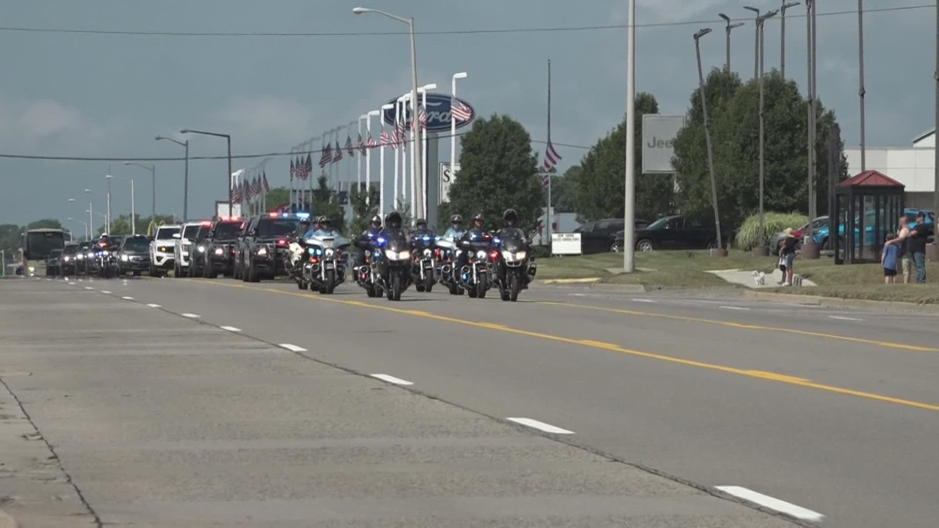 The procession escorted Sgt. Proxmire and his family to the public memorial service at Miller Auditorium in Kalamazoo.