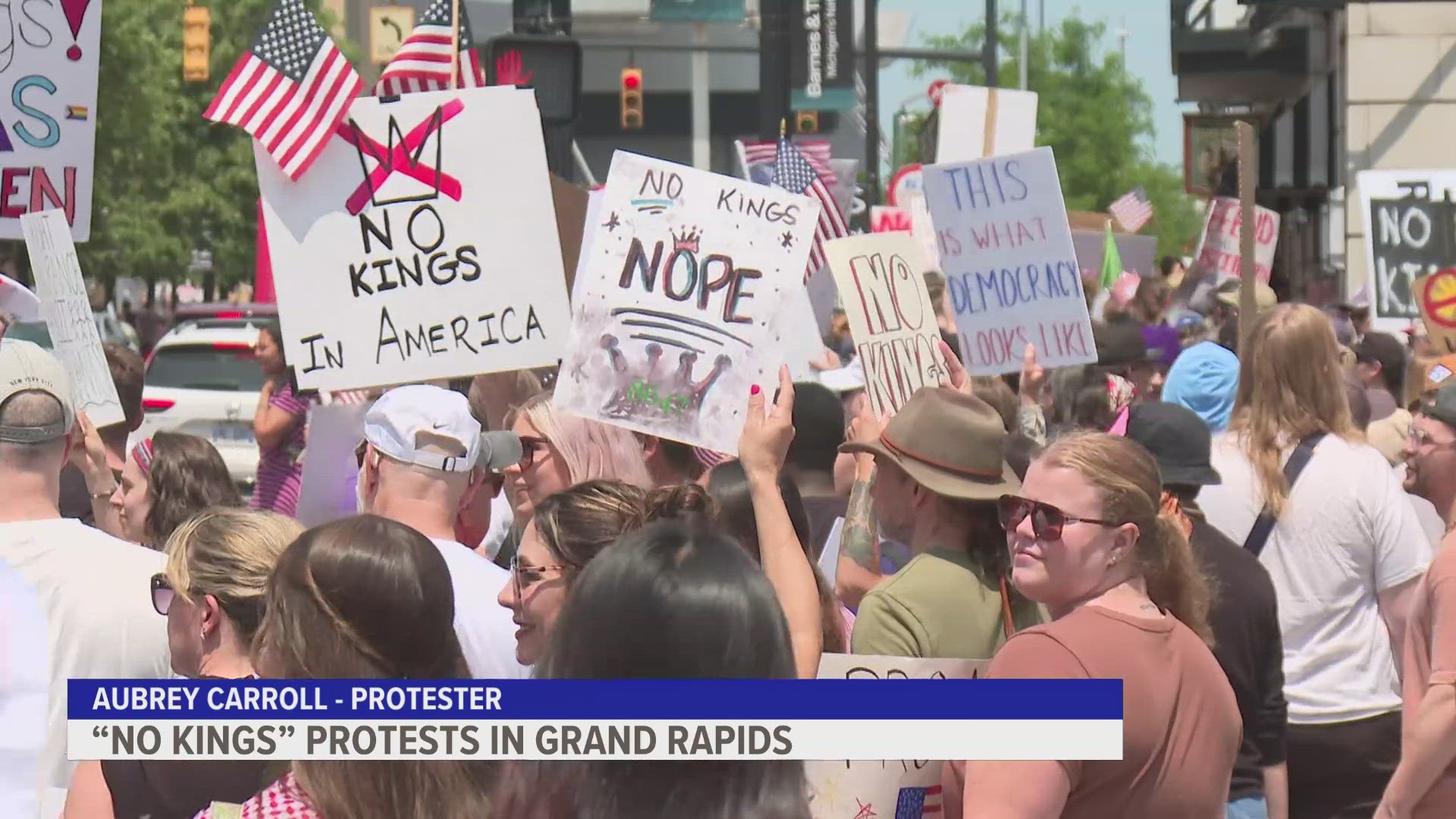 Thousands marched in downtown Grand Rapids for a "No Kings" movement, voicing concerns over perceived authoritarian behavior from President Donald Trump.